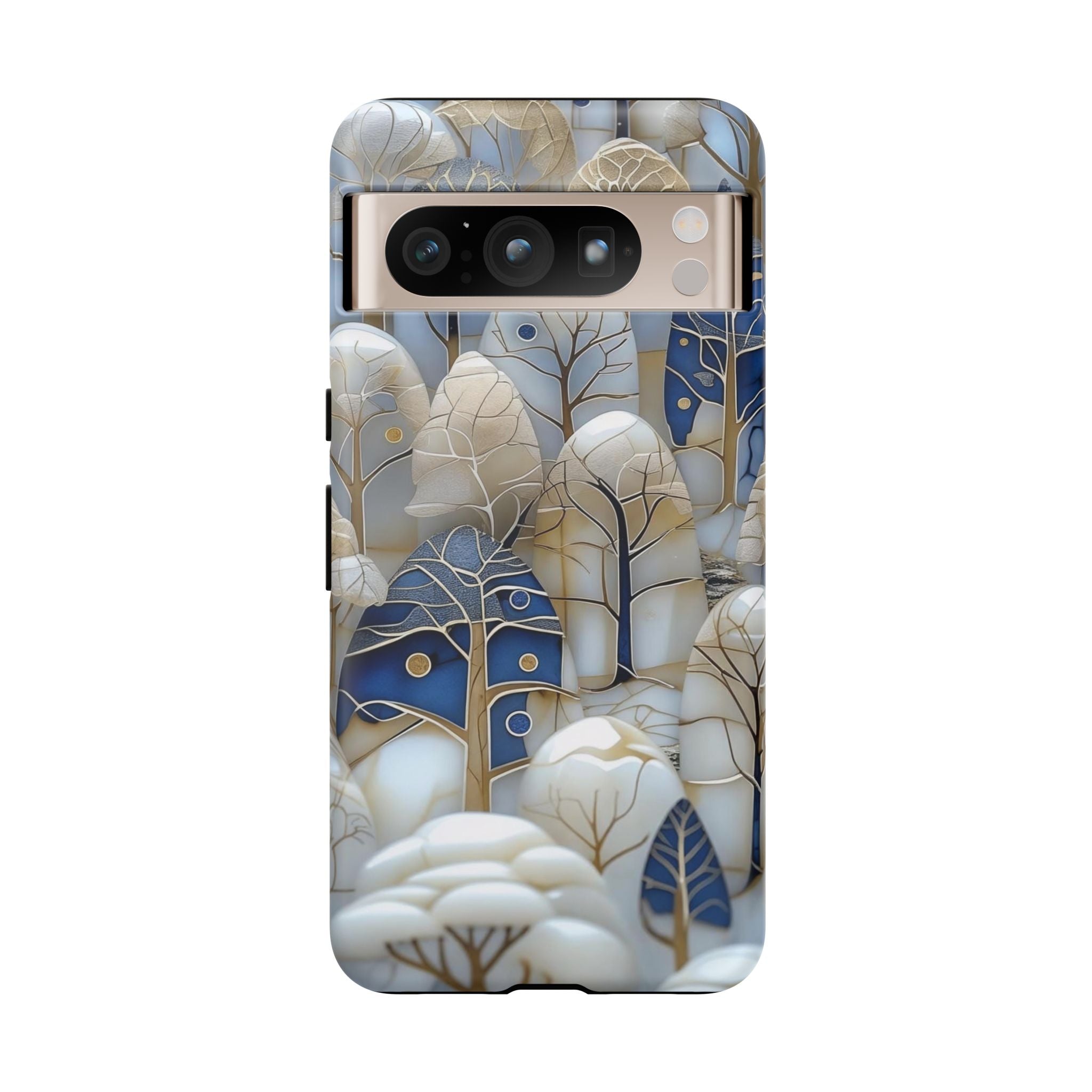 Blue Gold Winter Forest Google Pixel Case — Elegant Tree Pattern Tough Case