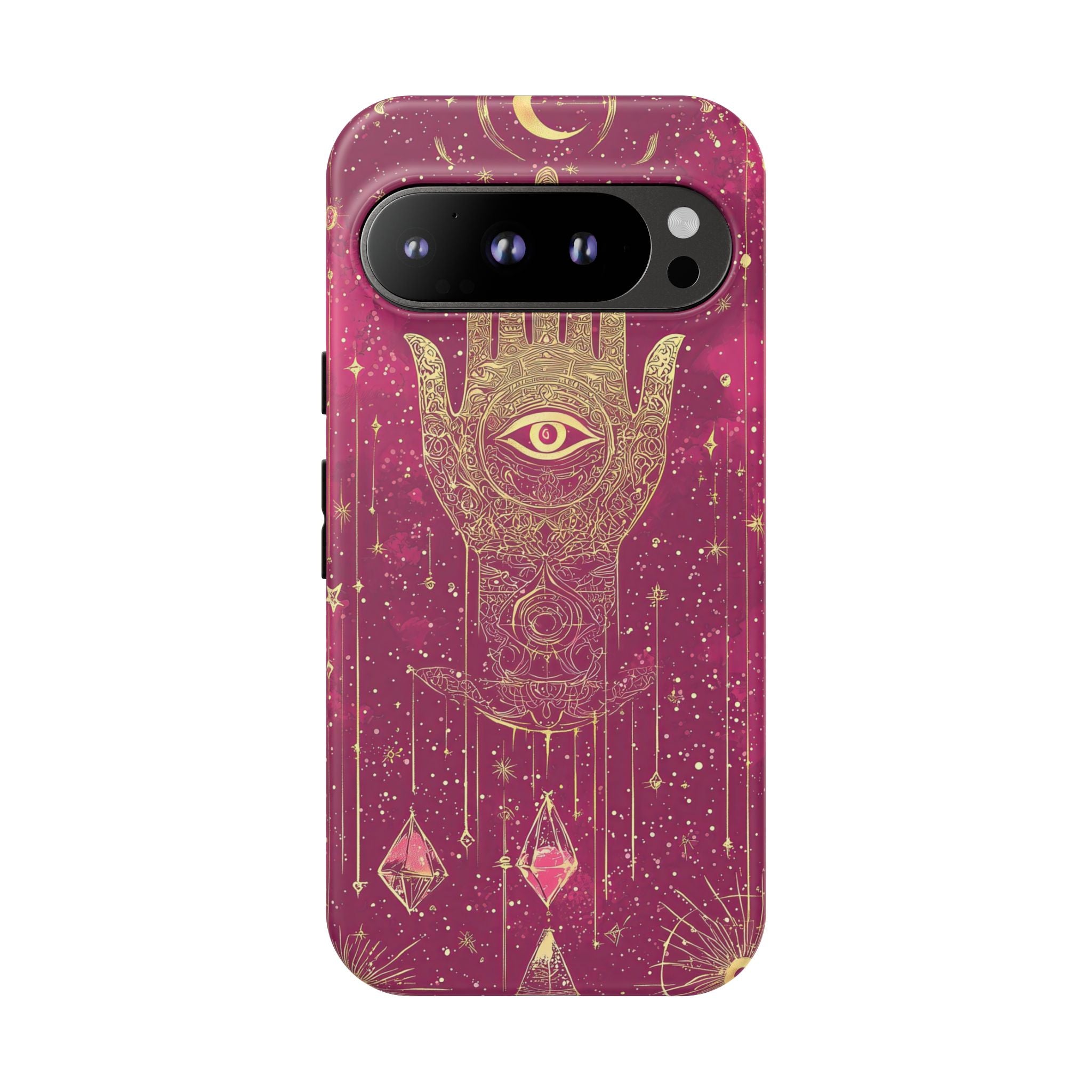 Mystic Hamsa Google Pixel Case | Gold Palm & All-Seeing Eye on Magenta Galaxy