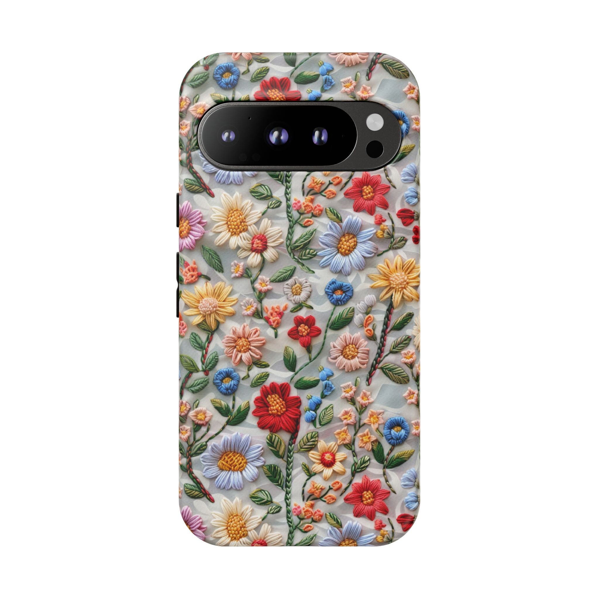 Floral Embroidered Pattern Tough Google Pixel Case — Colourful Daisy & Wildflower Design