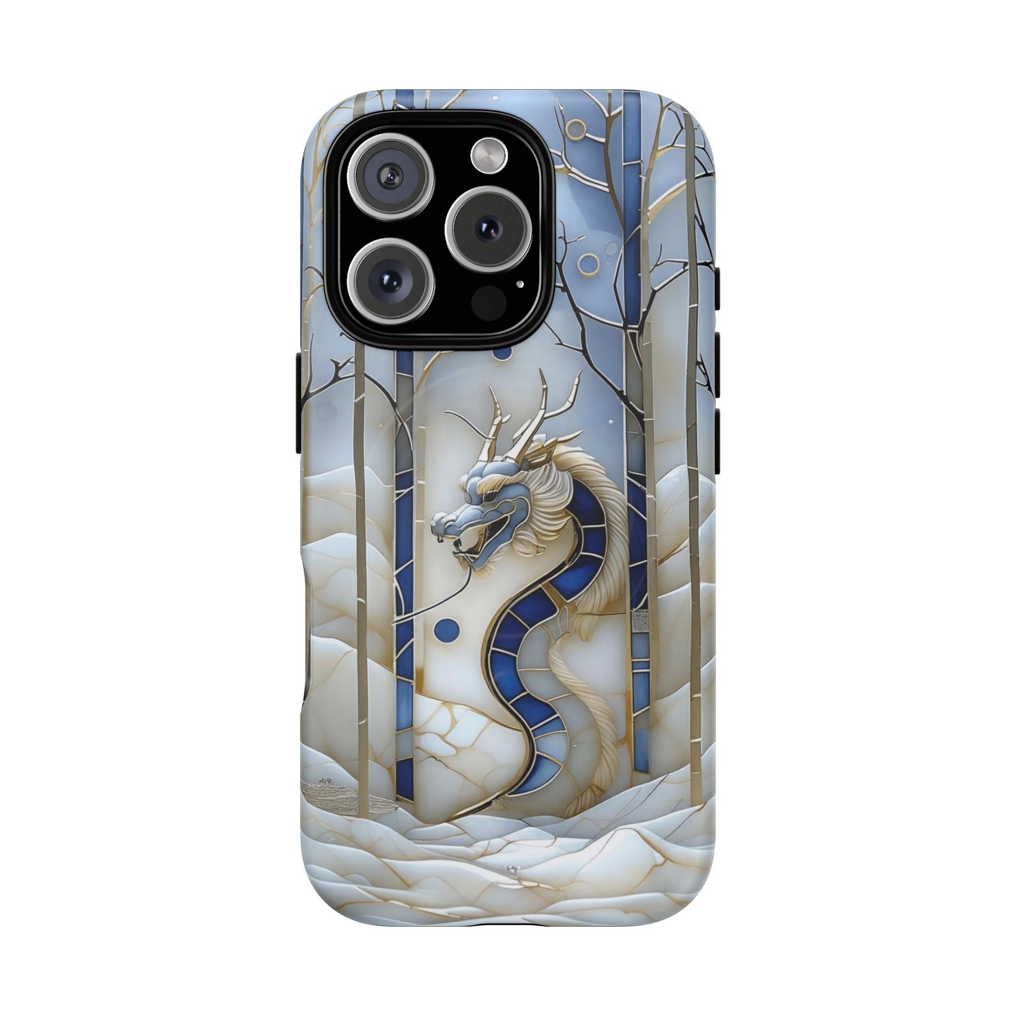 Dragon Stained Glass Tough MagSafe Phone Case — Blue & Ivory Medieval Art