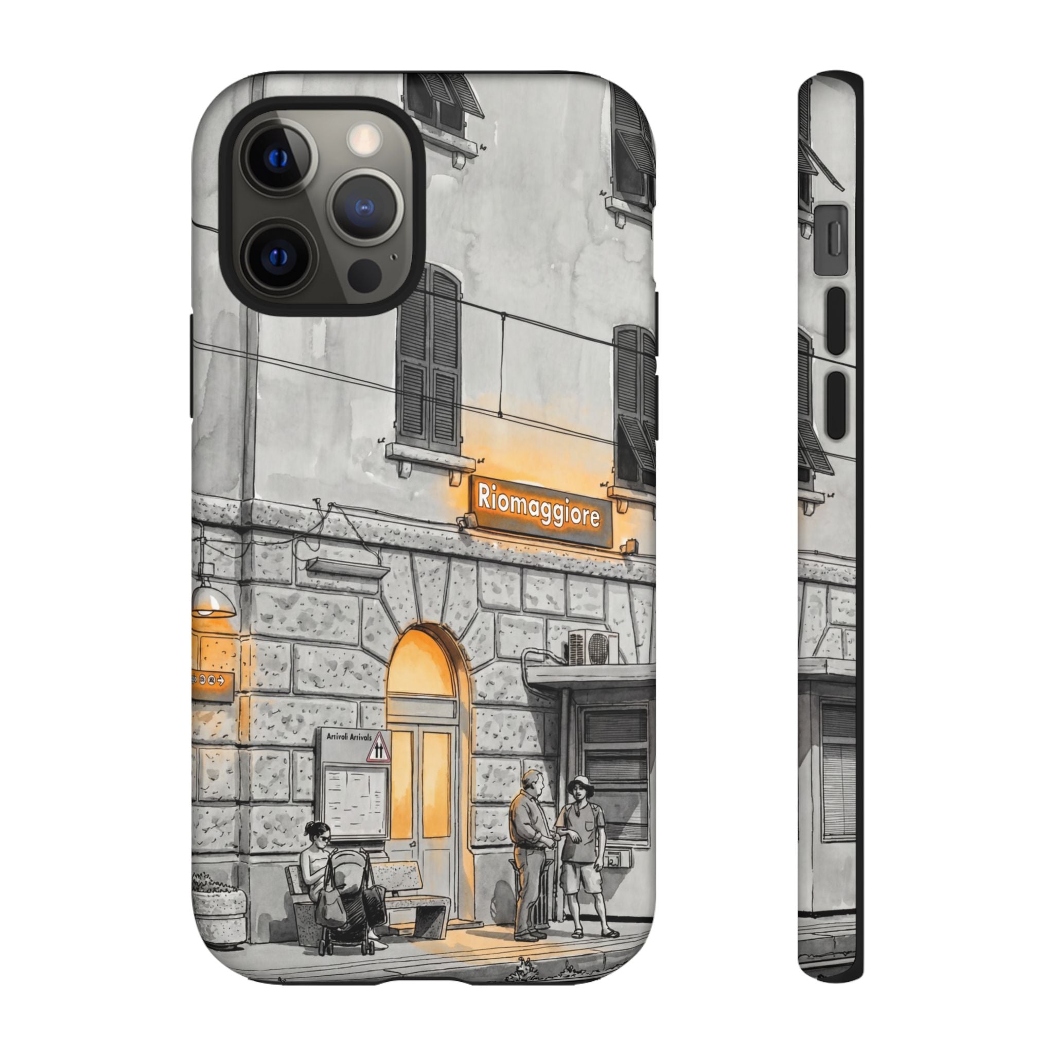 Cinque Terre Train Station iPhone Case | Black & White Sketch with Warm Yellow Accents