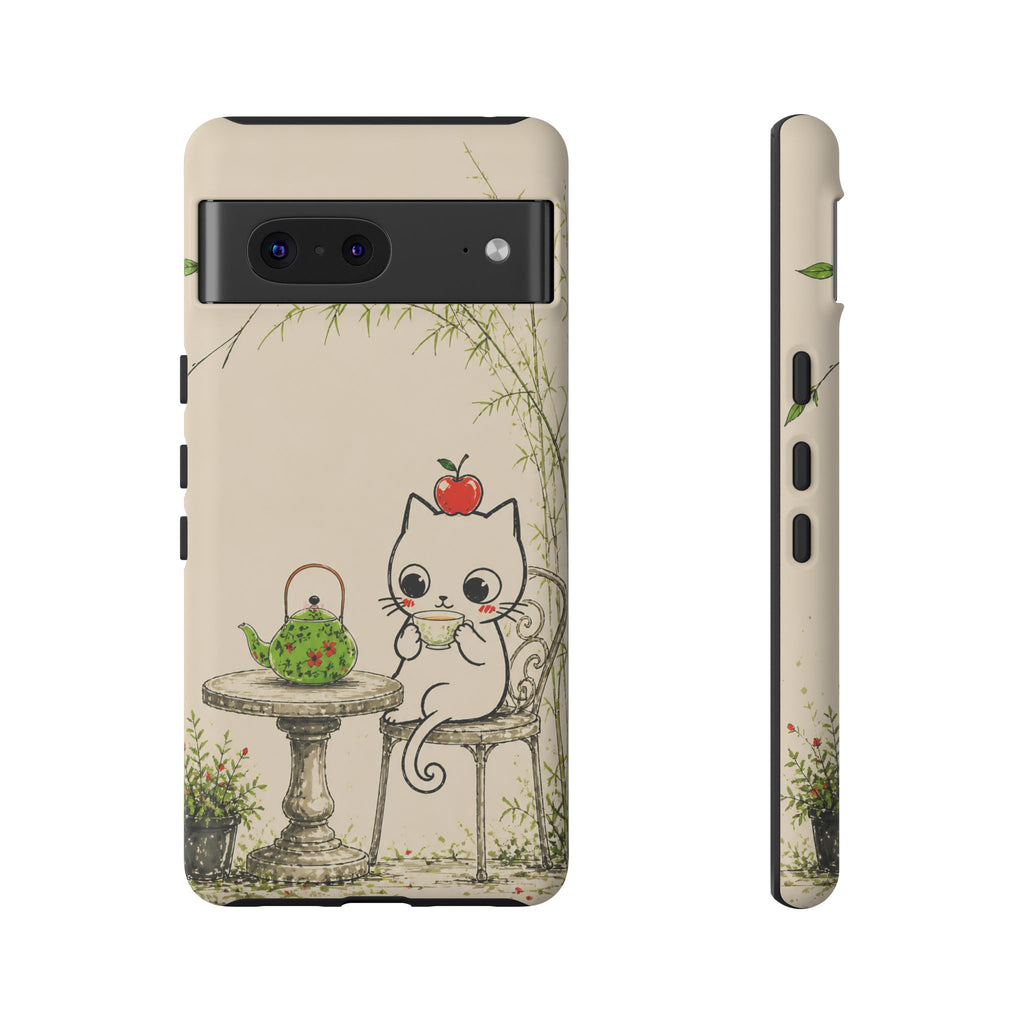 Cute Cat Tea Time Google Pixel Phone Case | Kawaii Kitten with Apple Design