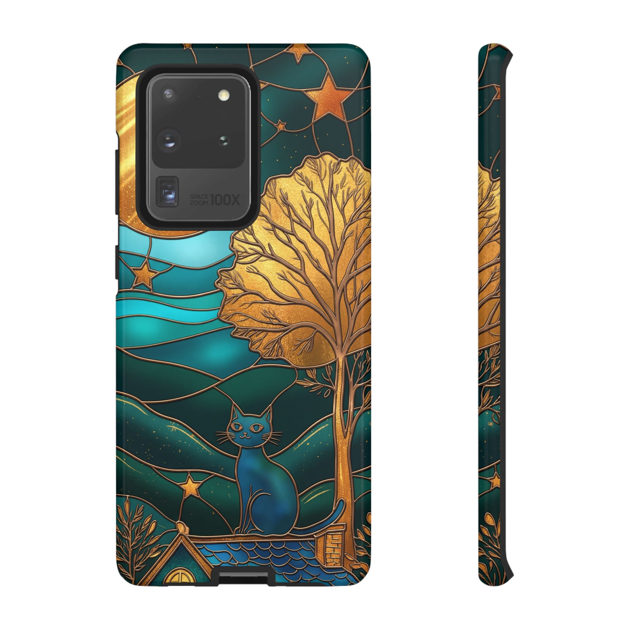 Stained Glass Cat Tough Samsung Galaxy Case | Gold Tree & Starry Night Design