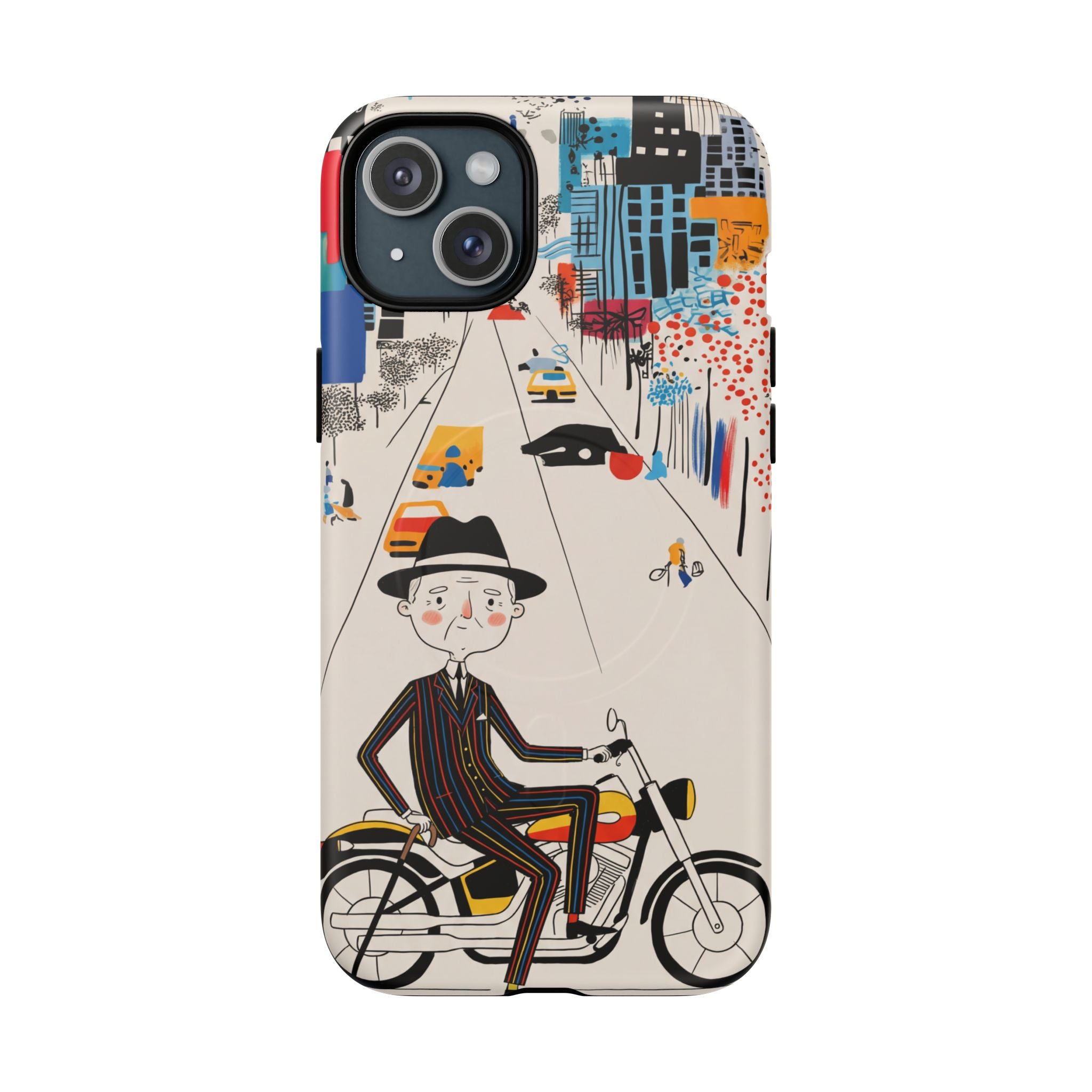 Vintage Grandpa Rider Motorcycle MagSafe iPhone Case | Illustrated Cityscape