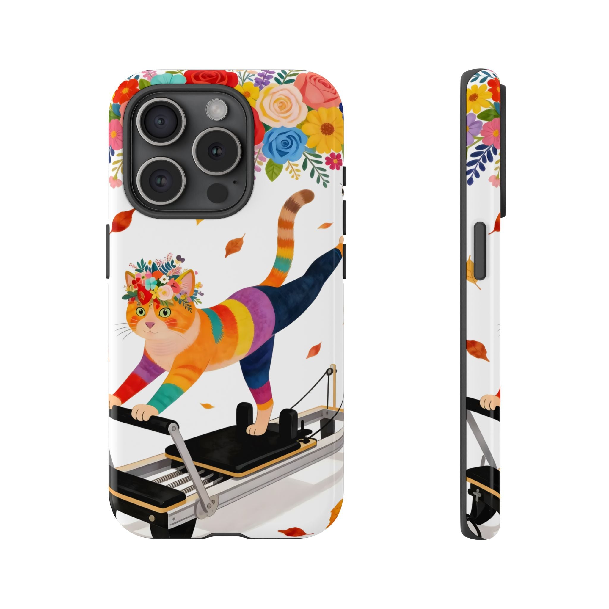 Cat Pilates iPhone Case | Floral Rainbow Cat on Reformer