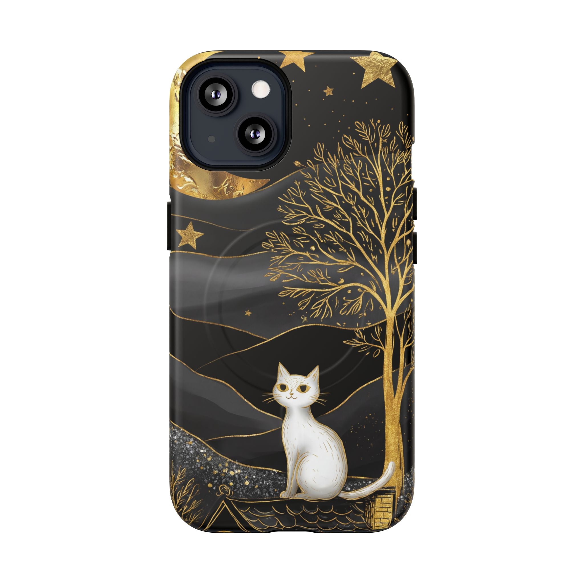 Custodia per iPhone Moonlit Cat | Custodia resistente MagSafe nera e oro