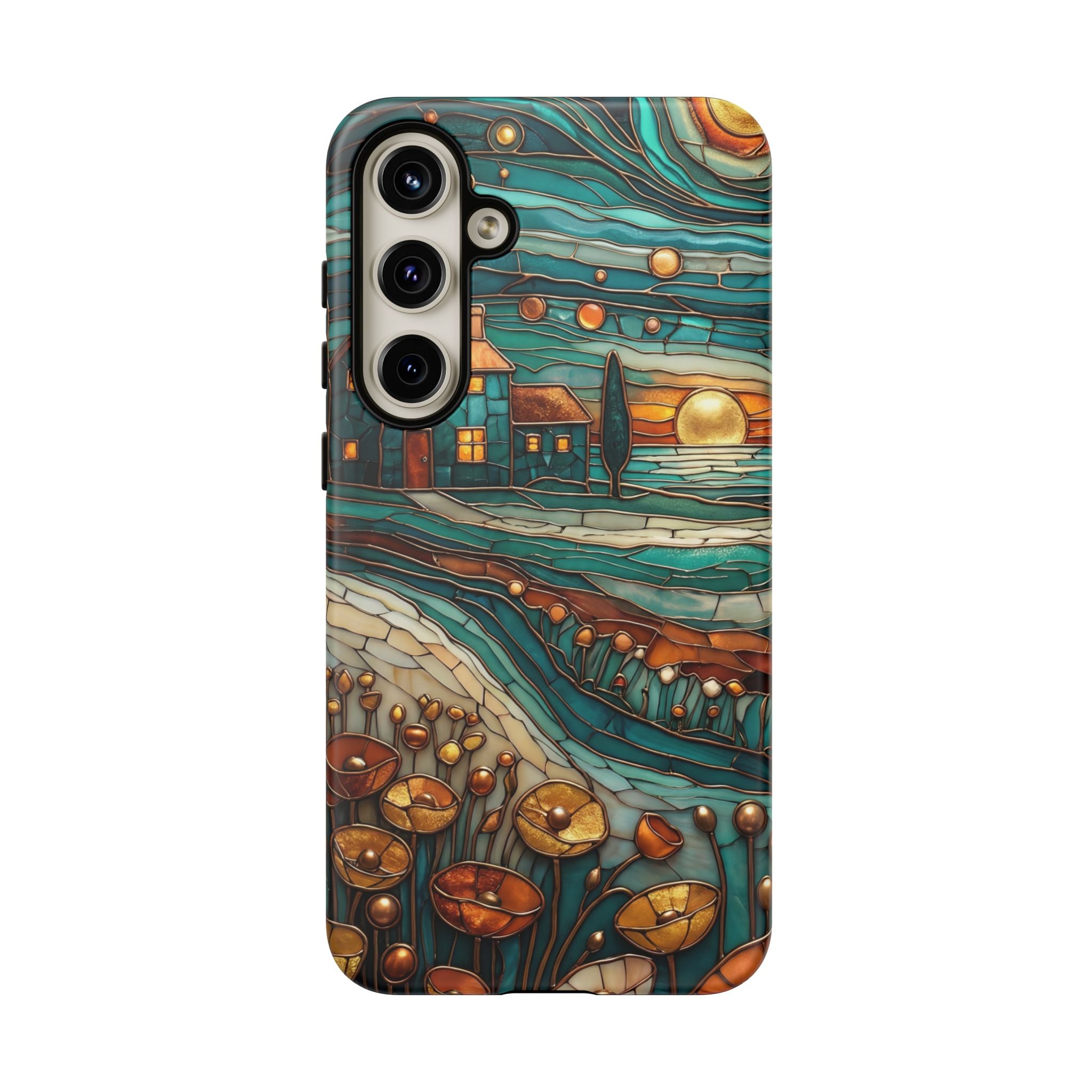 Artistic Sunset Cottage Samsung Galaxy Case | Whimsical Floral Landscape Protective Cover