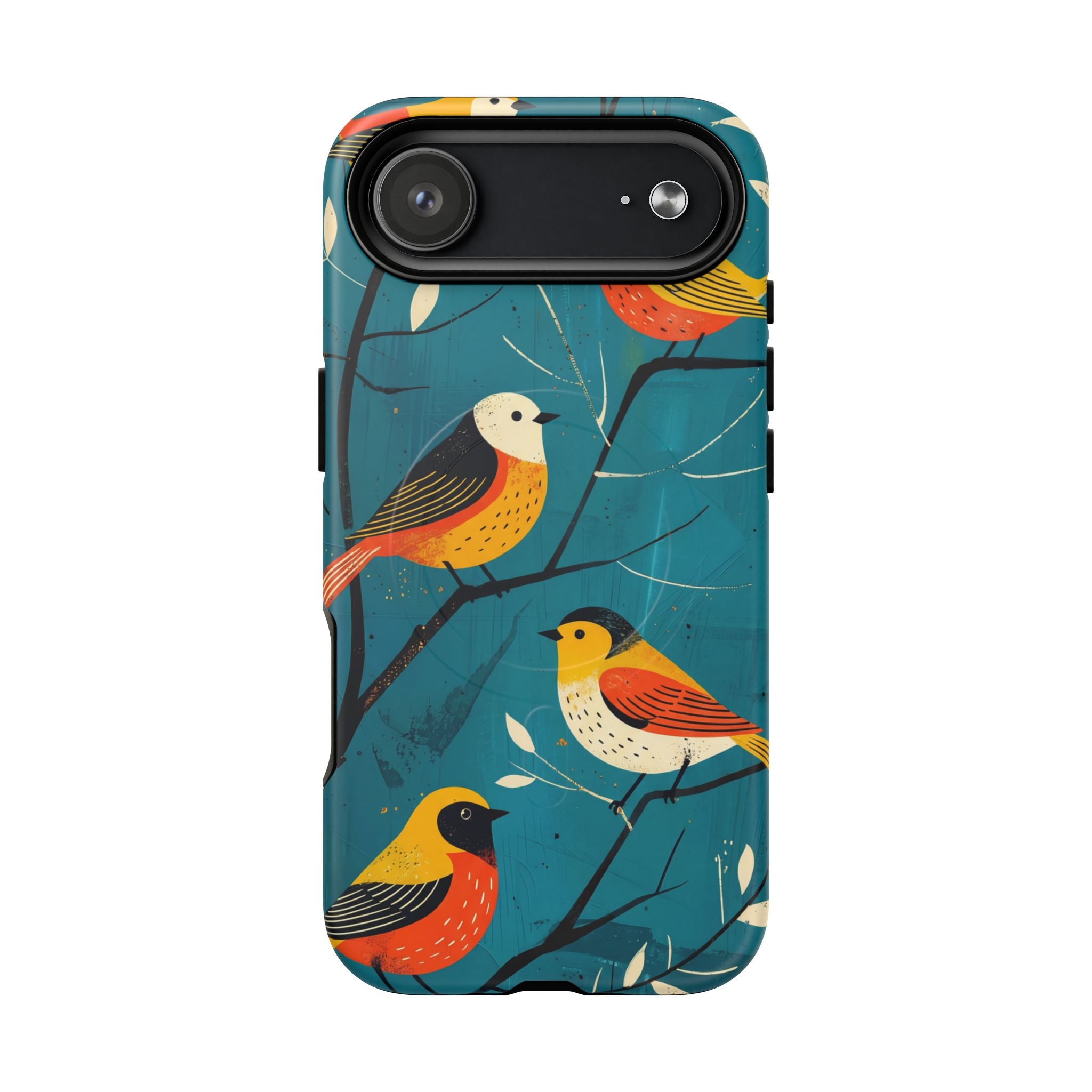 Bird Pattern Tough MagSafe iPhone Case | Colourful Songbirds on Teal Background
