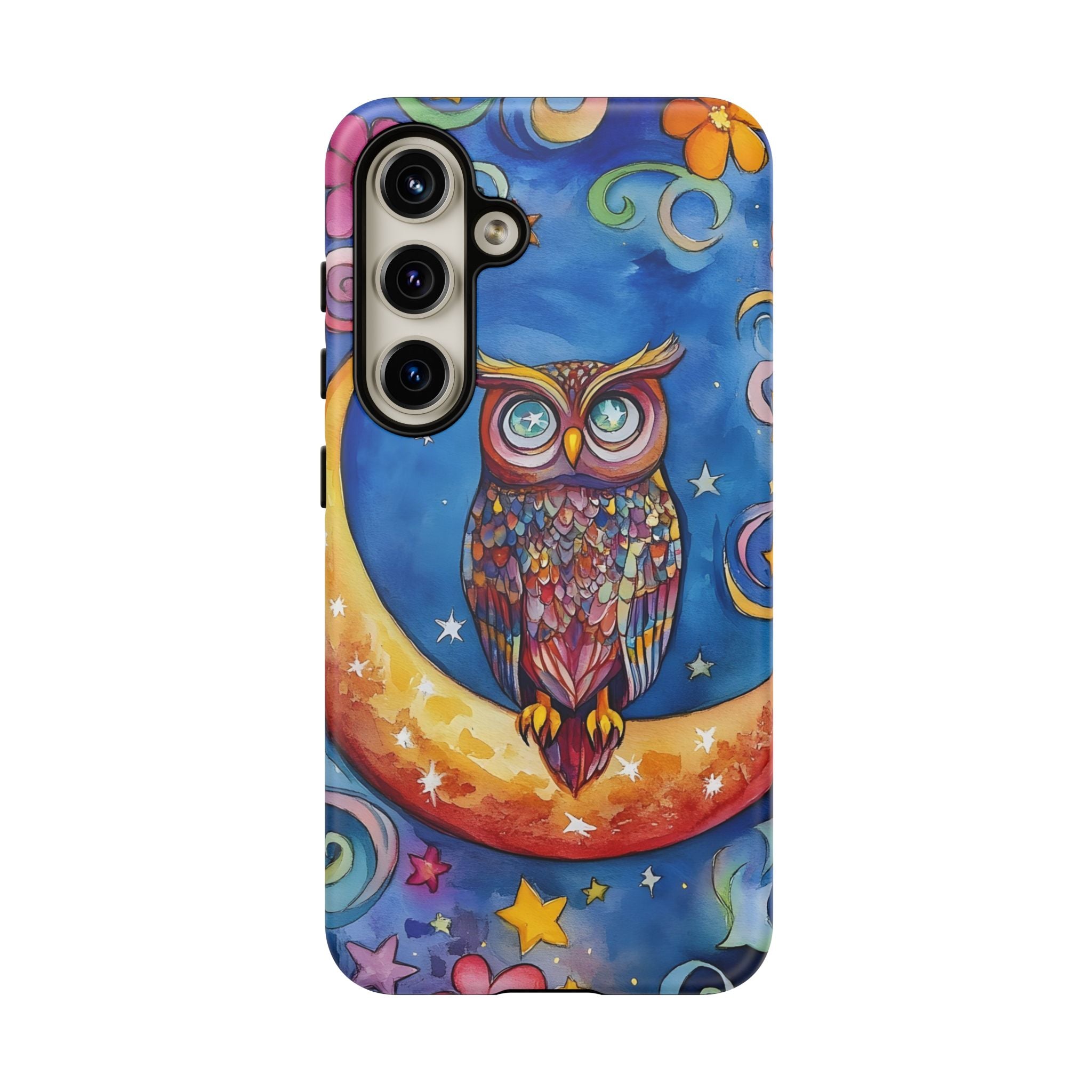 Owl on Crescent Moon Samsung Galaxy Case — Colourful Whimsical Night Sky Design
