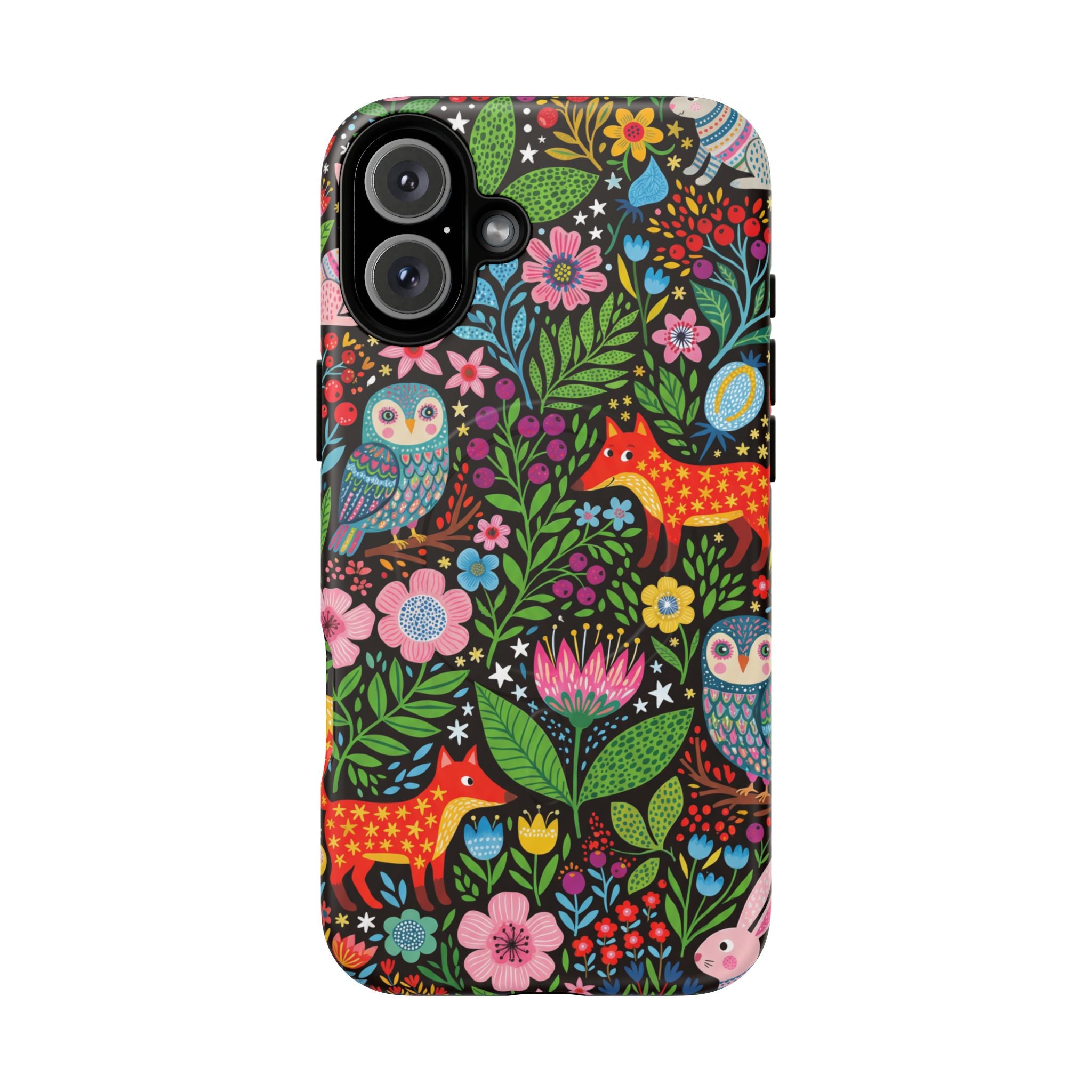 Floral Woodland MagSafe iPhone Case | Colourful Fox & Owl Protective Cover