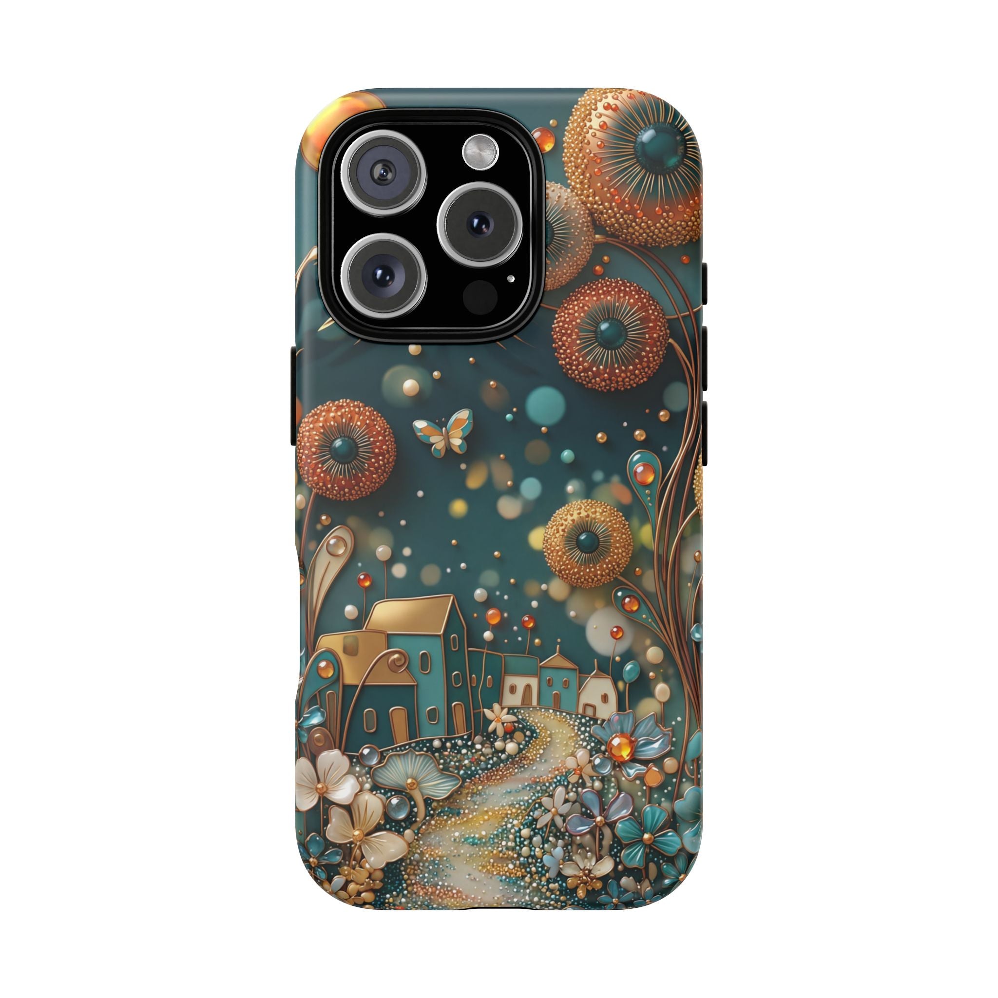 Whimsical Night Village iPhone Case | Floral Moonlit Art Tough Case