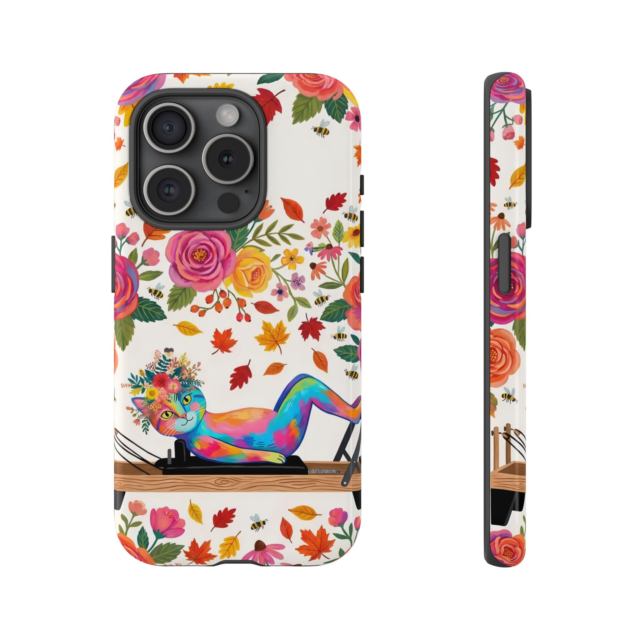 Autumn Floral Pilates iPhone Case | Colorful Rainbow Pilates Cat on Falling Leaves