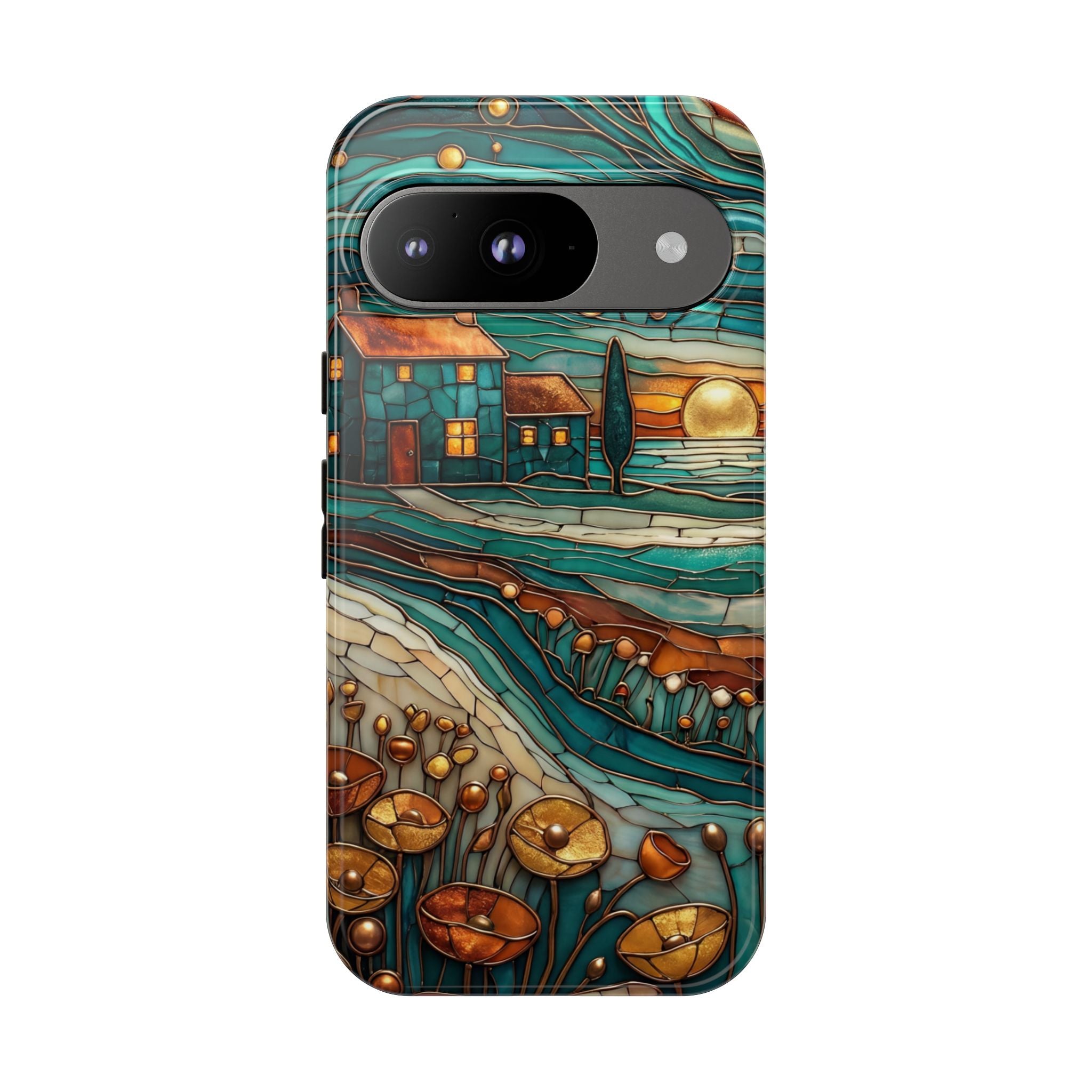 Artistic Sunset Cottage Google Pixel Case | Whimsical Floral Landscape Protective Cover