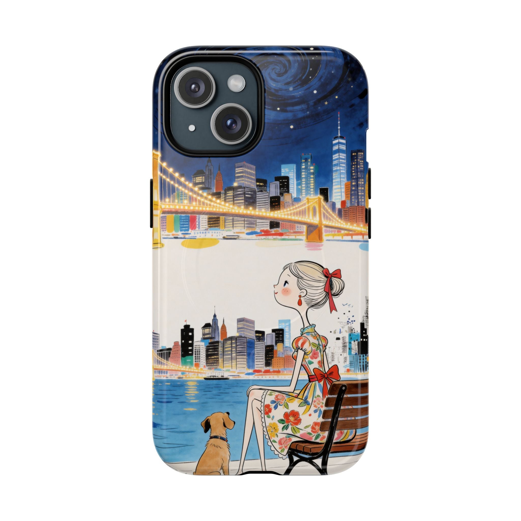 City Night MagSafe iPhone Case | Cute Girl & Dog Bench Illustration