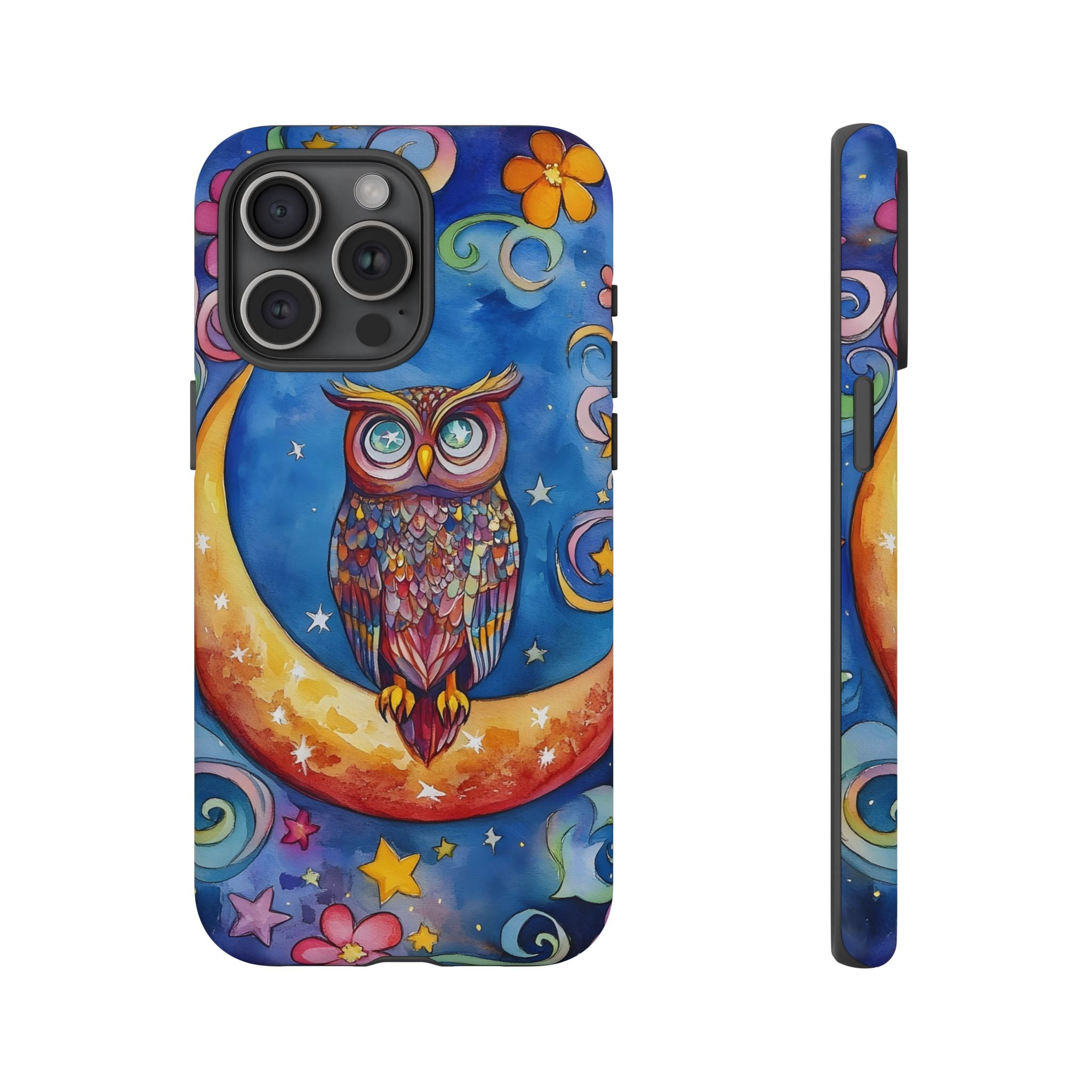 Owl on Crescent Moon iPhone Case — Colourful Whimsical Night Sky Design