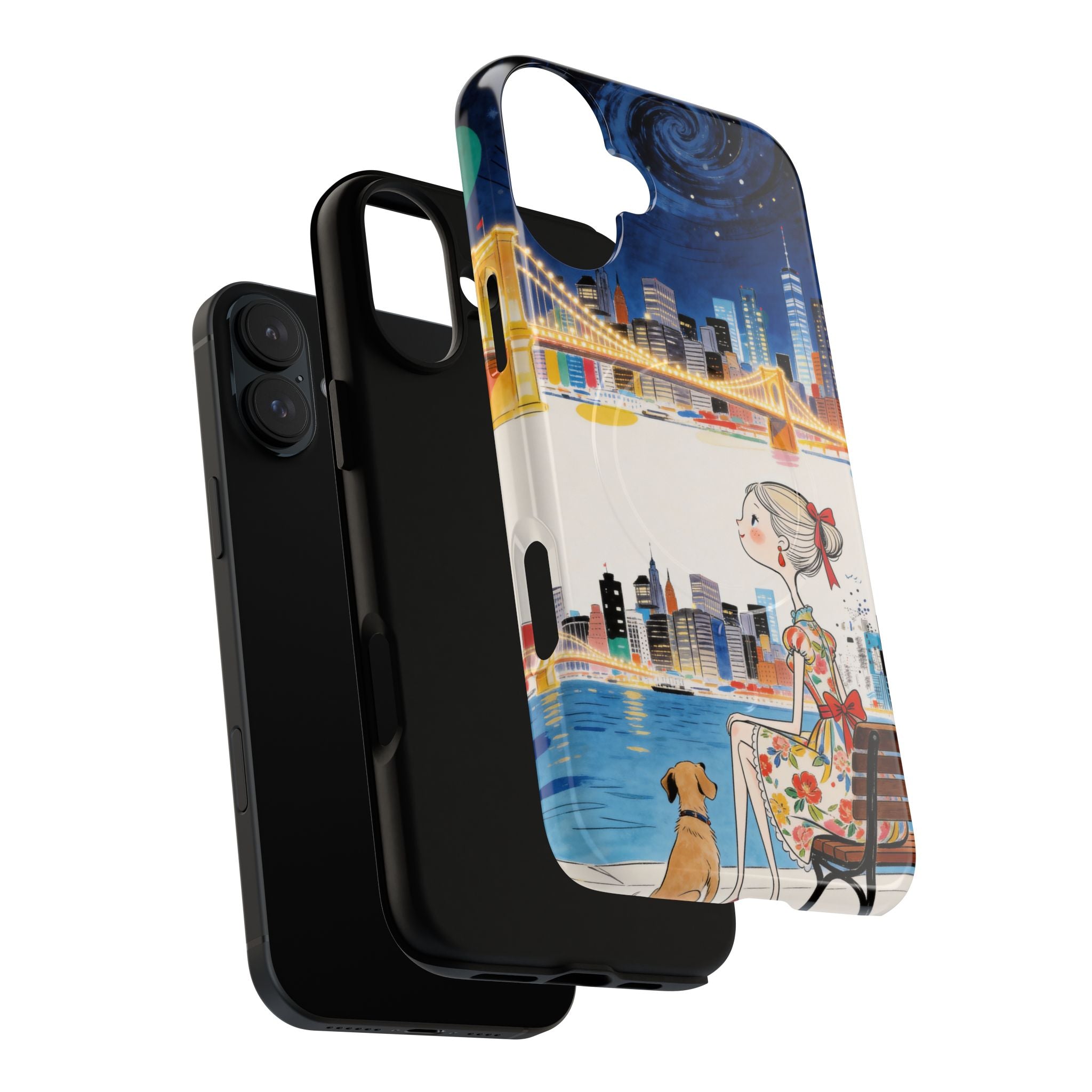 City Night MagSafe iPhone Case | Cute Girl & Dog Bench Illustration