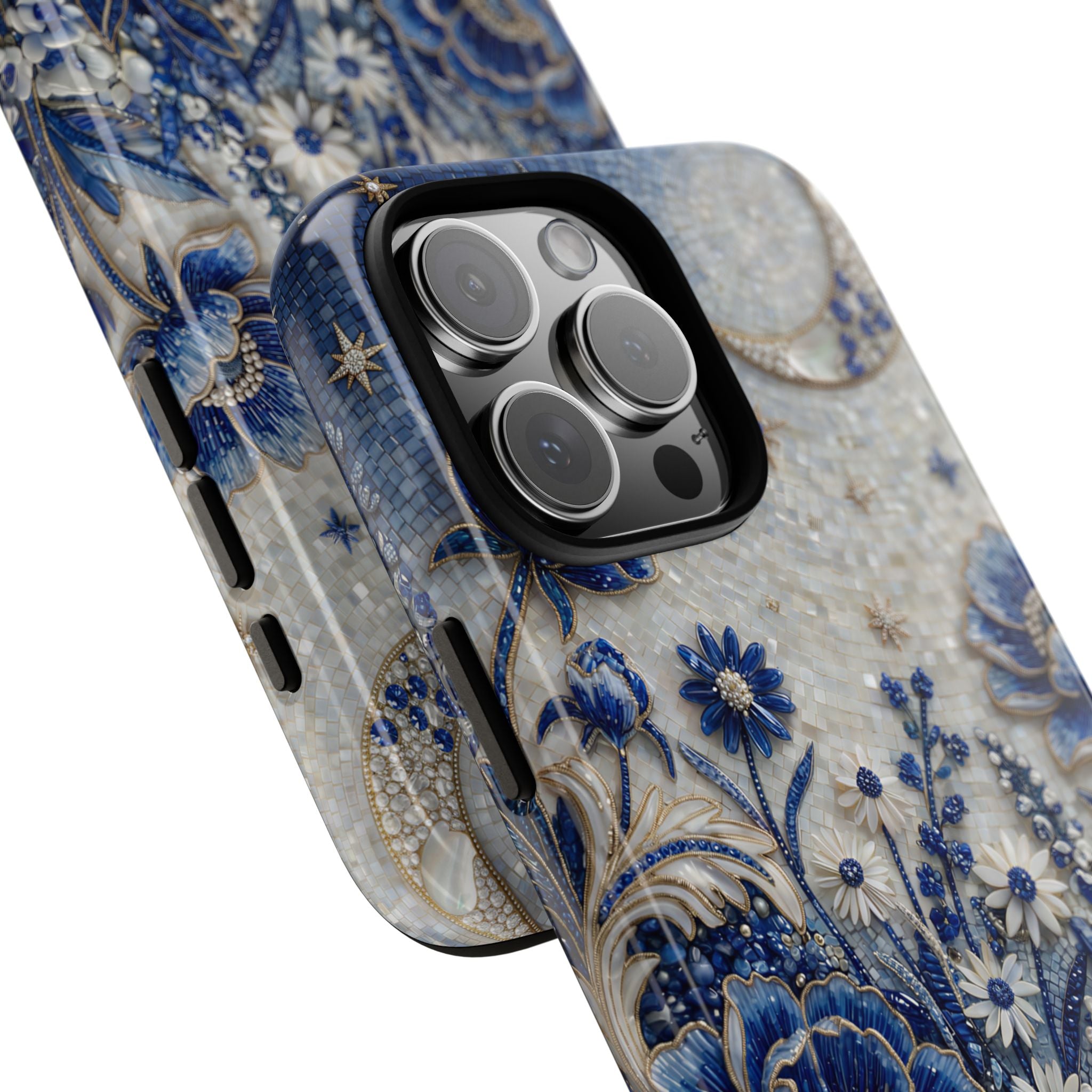 Cover iPhone Luna Floreale Blu | Custodia Protettiva Vintage Motivo Botanico Notturno