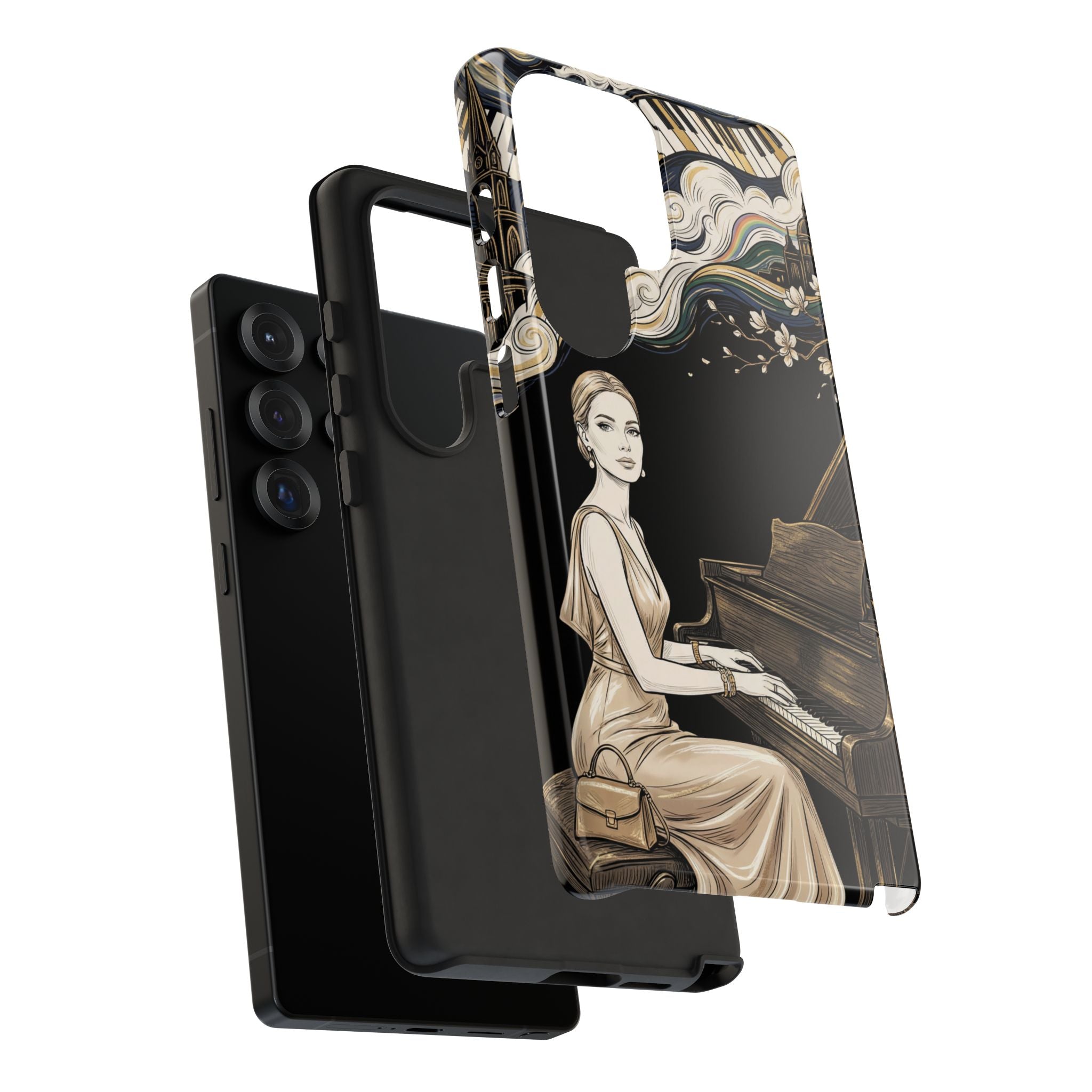 Elegant Piano Woman Samsung Galaxy Phone Case | Vintage Art Deco Music Design