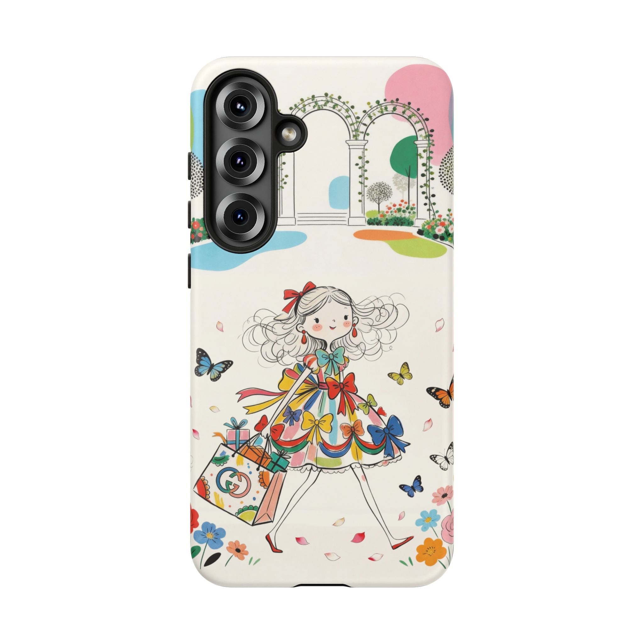 Whimsical Shopping Girl Samsung Galaxy Phone Case | Cute Floral Butterfly Tough Case
