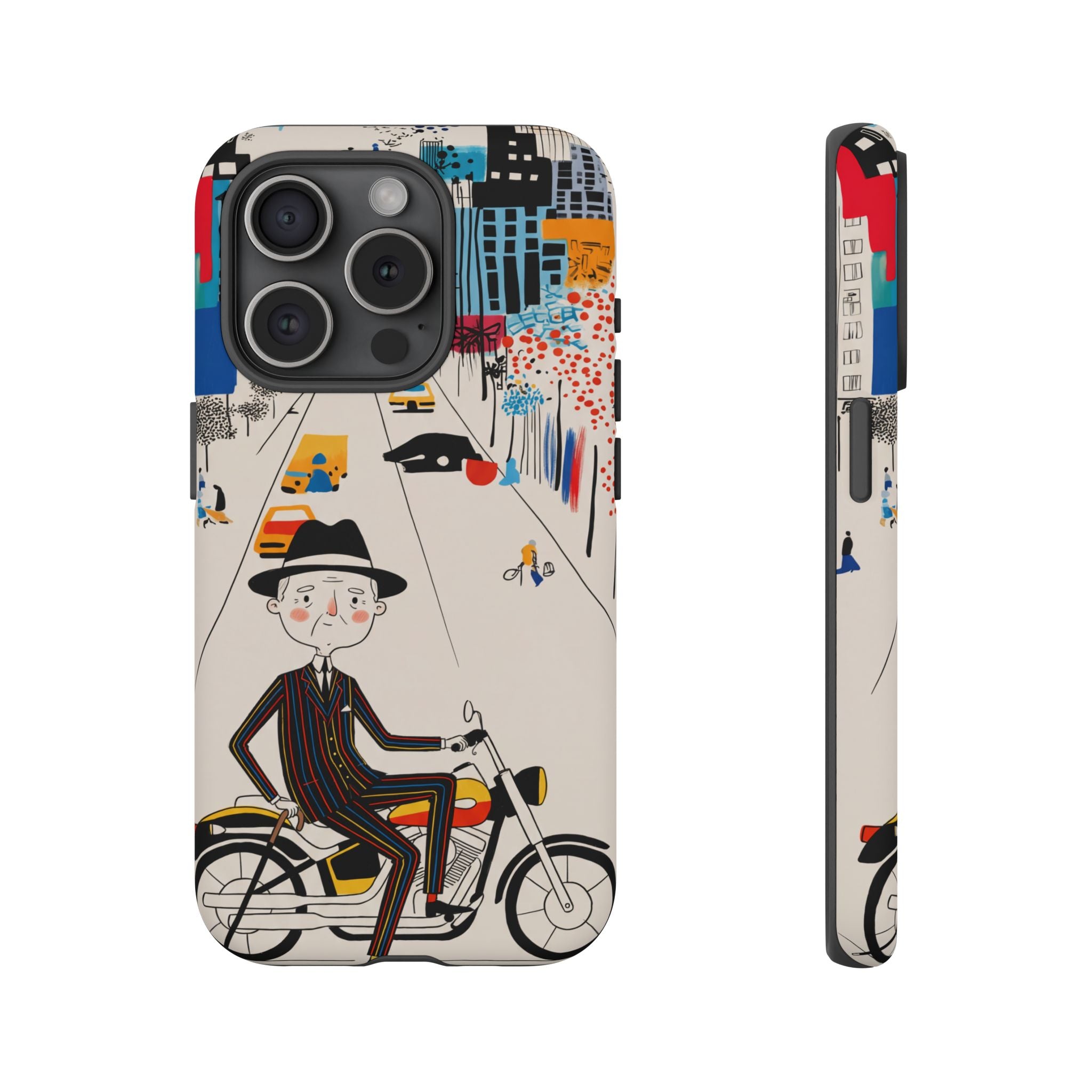 Vintage Grandpa Rider Motorcycle iPhone Case | Illustrated Cityscape