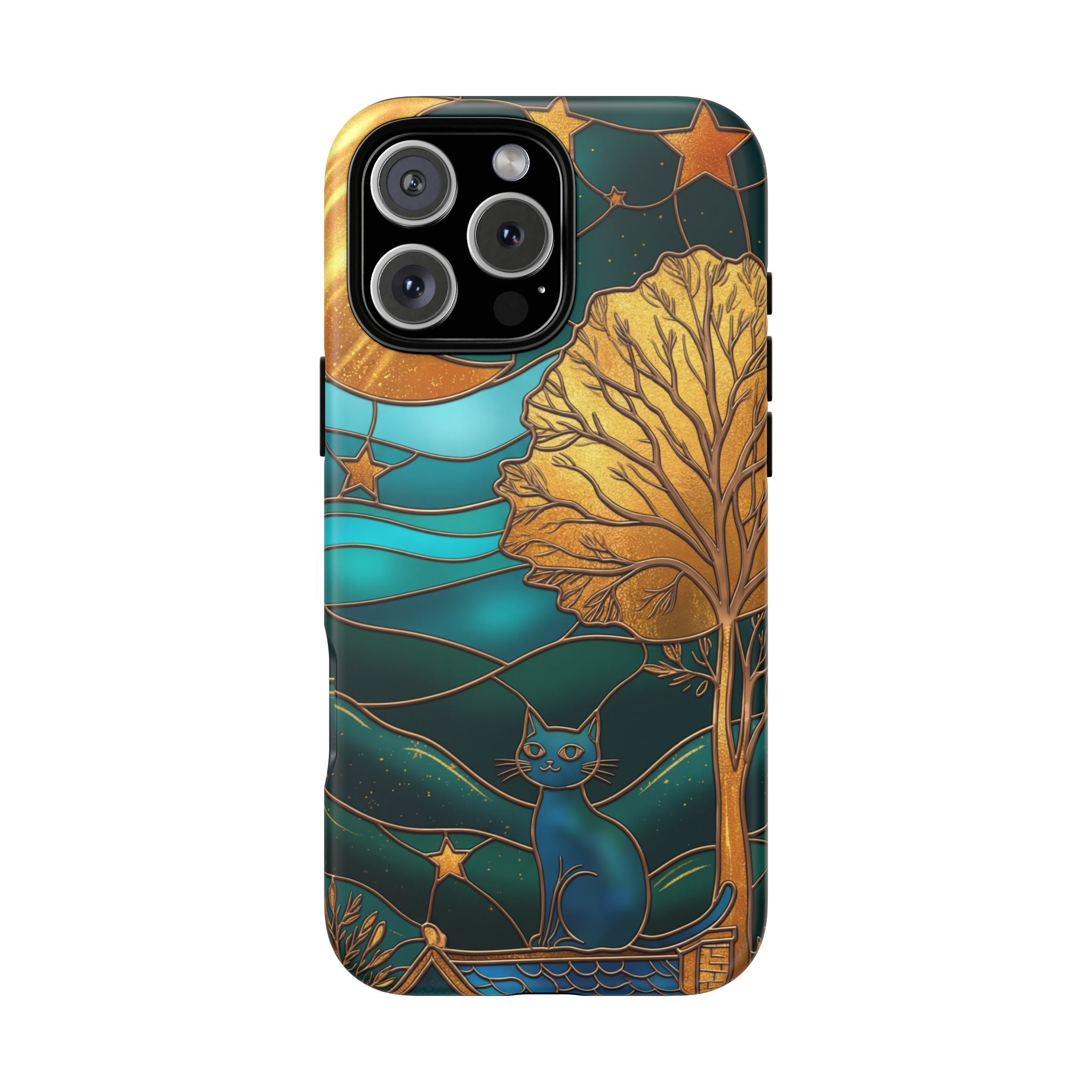 Stained Glass Cat Tough iPhone Case — Gold Tree & Starry Night Design