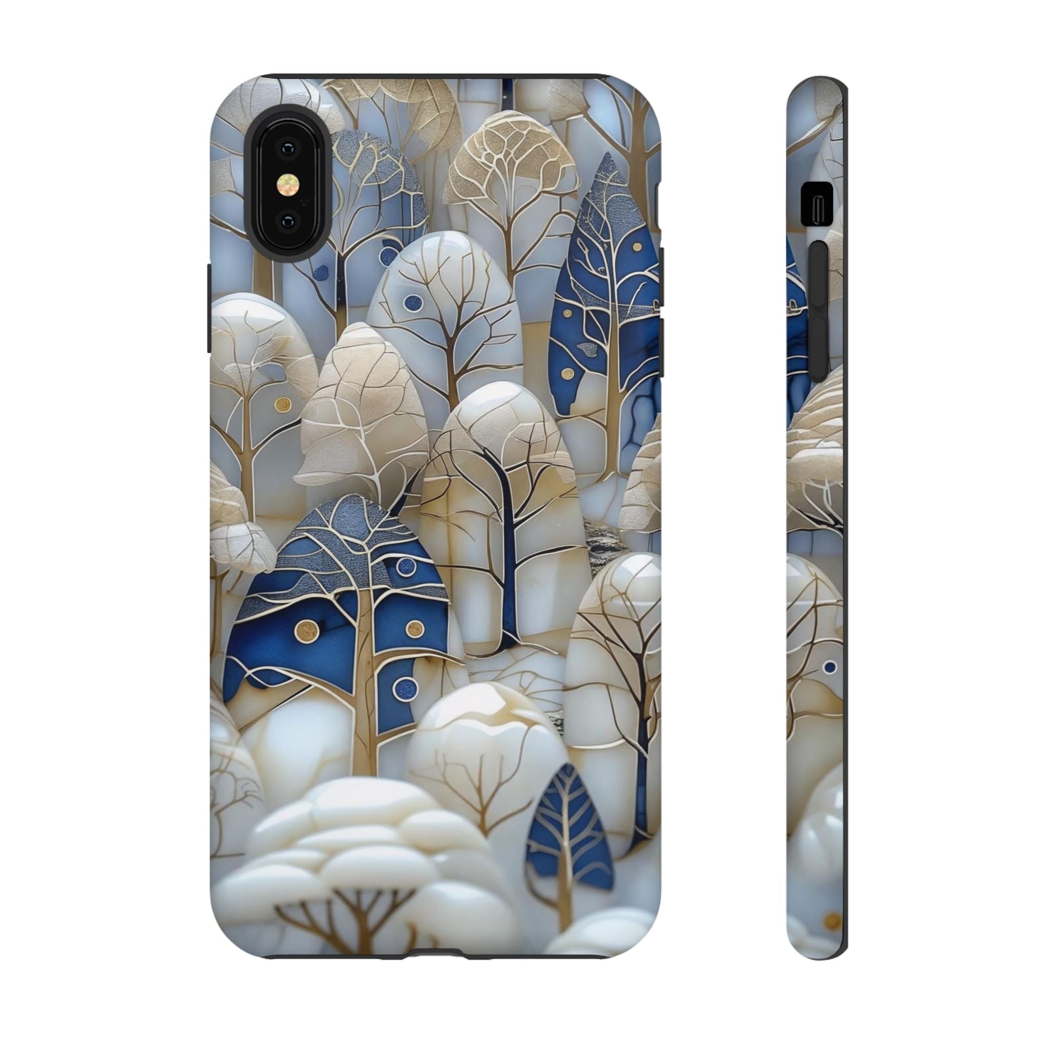 Blue Gold Winter Forest iPhone Case — Elegant Tree Pattern Tough Case