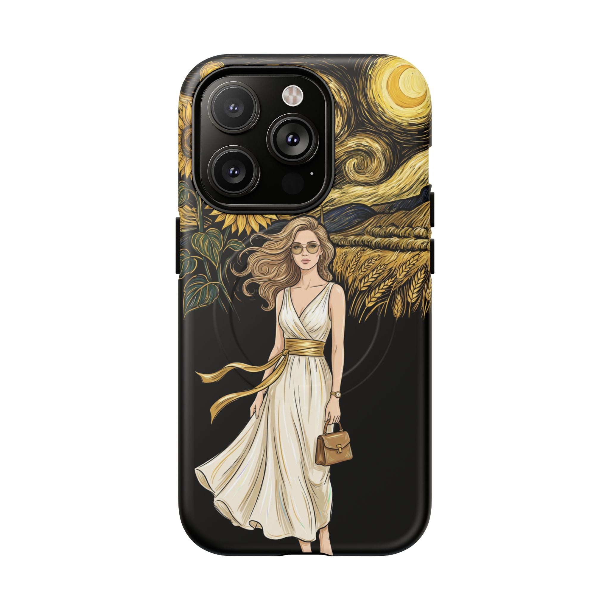 Sunflower Night MagSafe iPhone Case | Woman in Flowing Dress Van Gogh Style