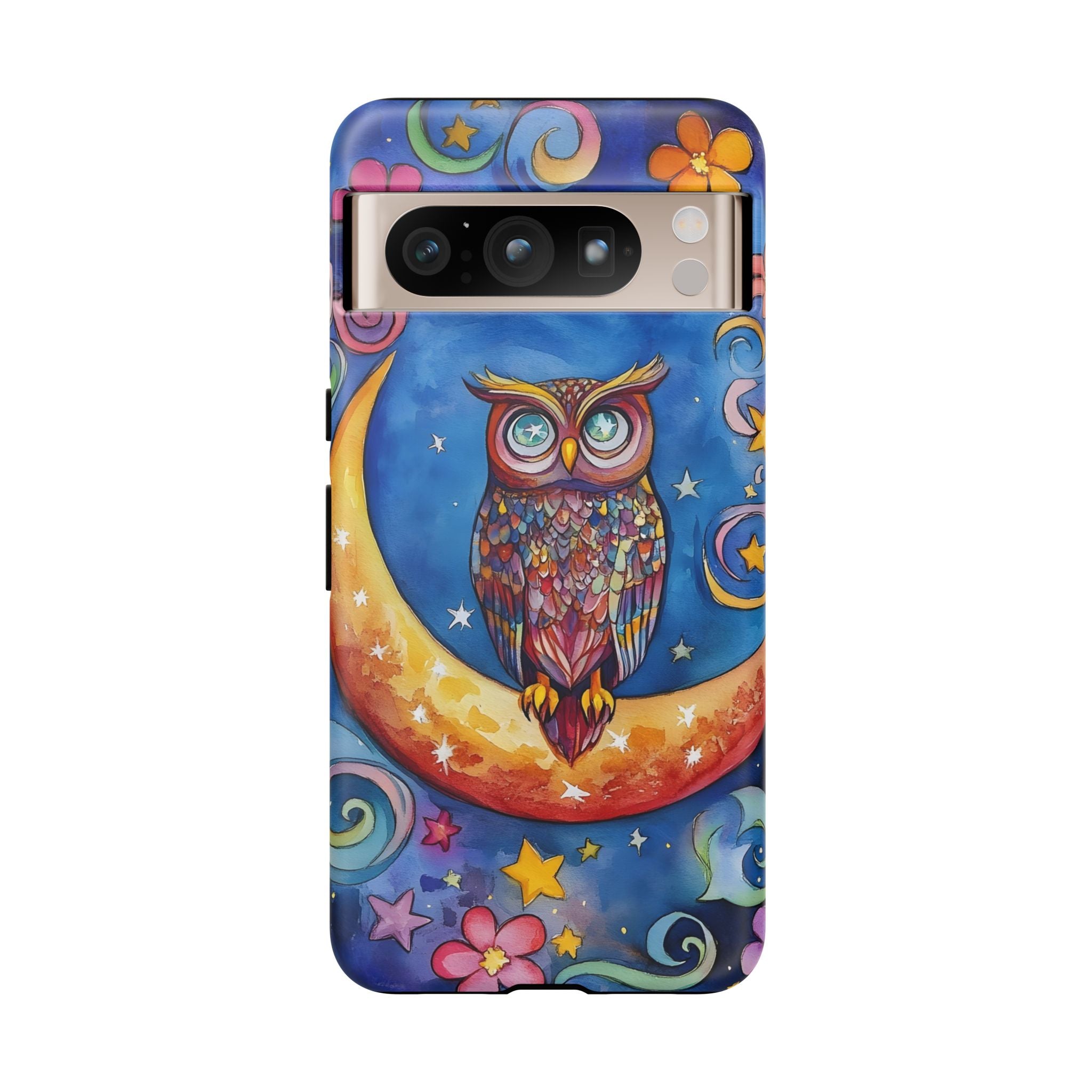 Owl on Crescent Moon Google Pixel Case — Colourful Whimsical Night Sky Design