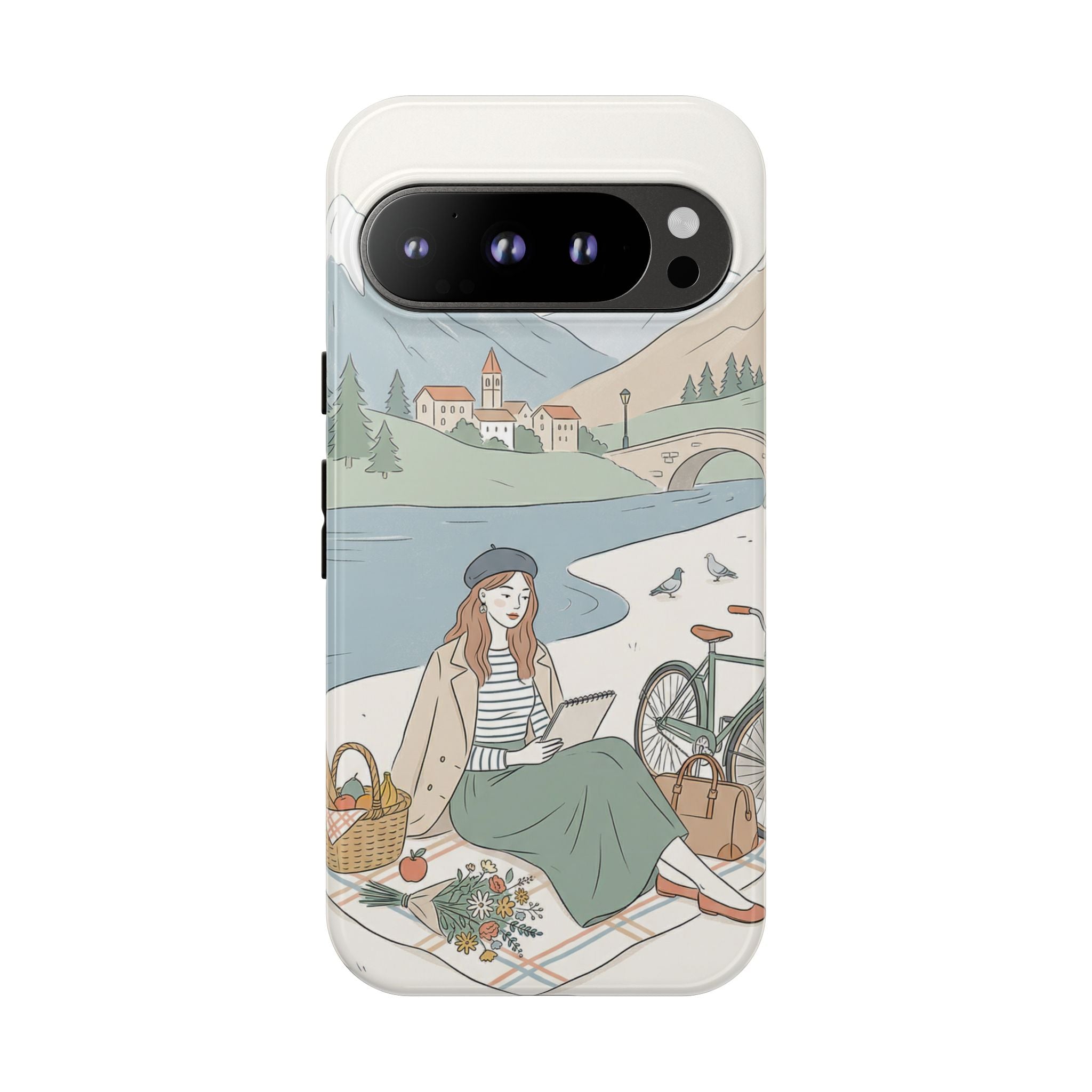 Scenic Picnic Google Pixel Phone Case | Vintage Bicycle & Mountain Illustration