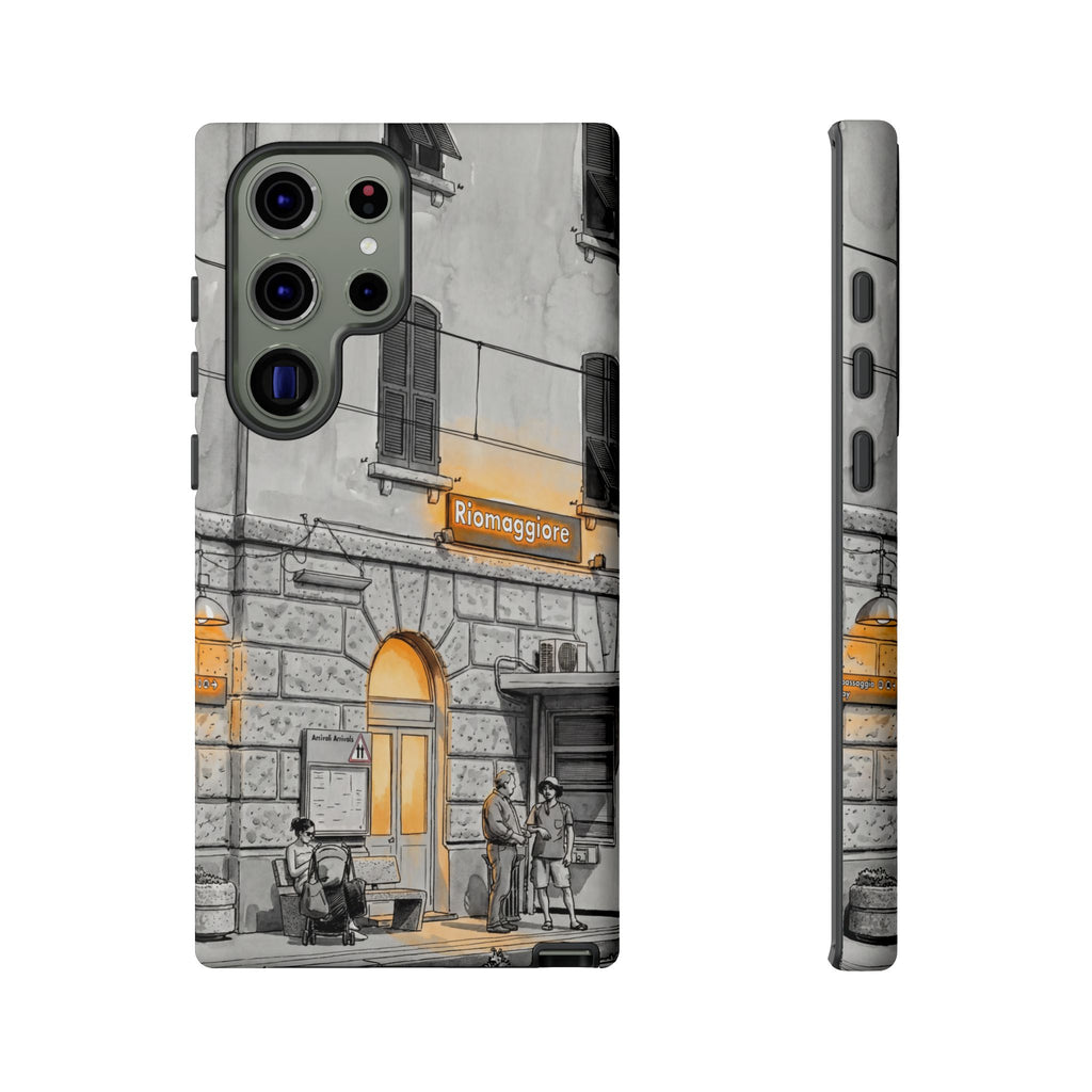 Custodia per Samsung Galaxy con stazione ferroviaria Cinque Terre | Schizzo in bianco e nero con accenti gialli caldi