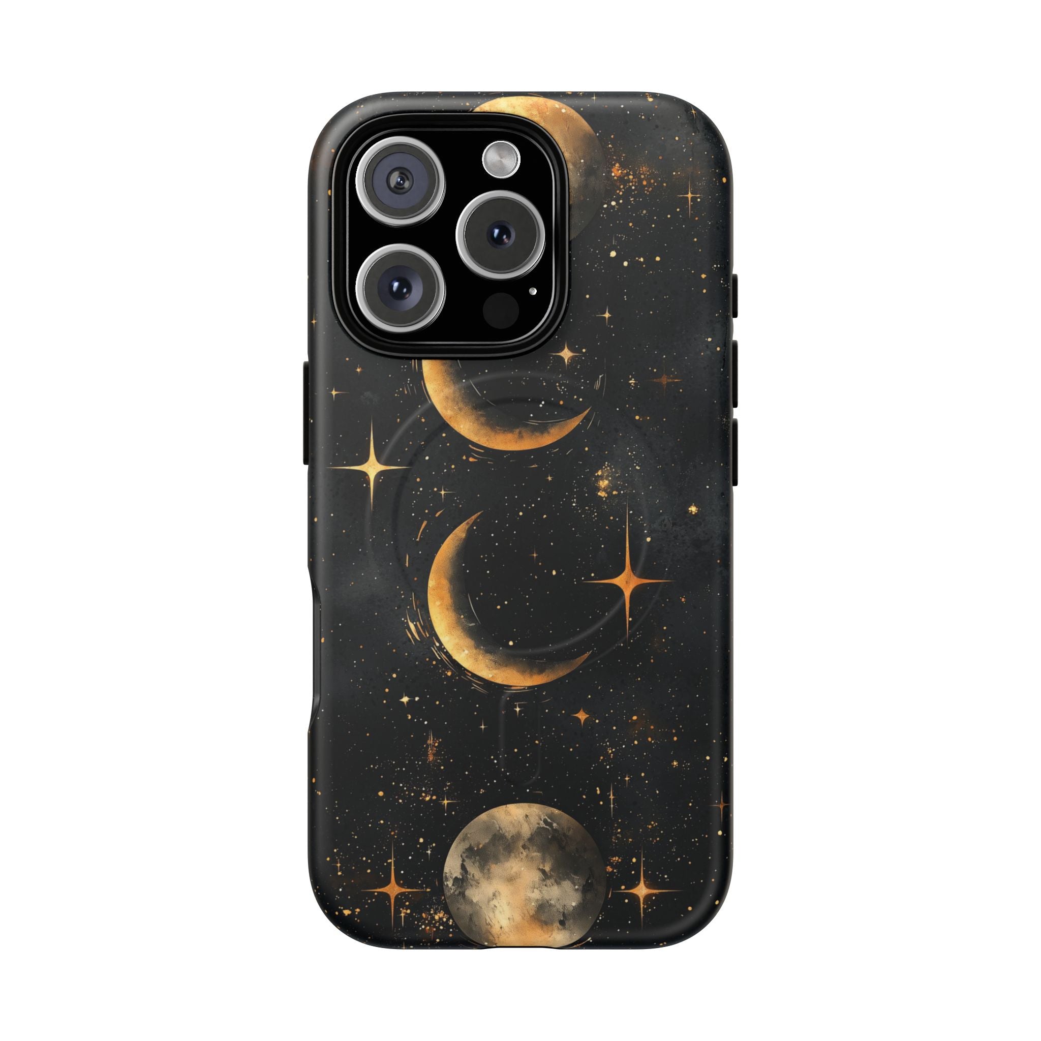 Custodia rigida MagSafe per iPhone con fasi lunari celestiali | Design a forma di galassia con mezzaluna dorata e luna piena