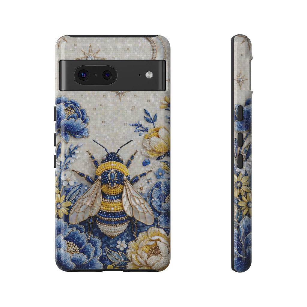 Custodia per telefono Google Pixel "Ape floreale" resistente | Design a giardino lunare blu e giallo
