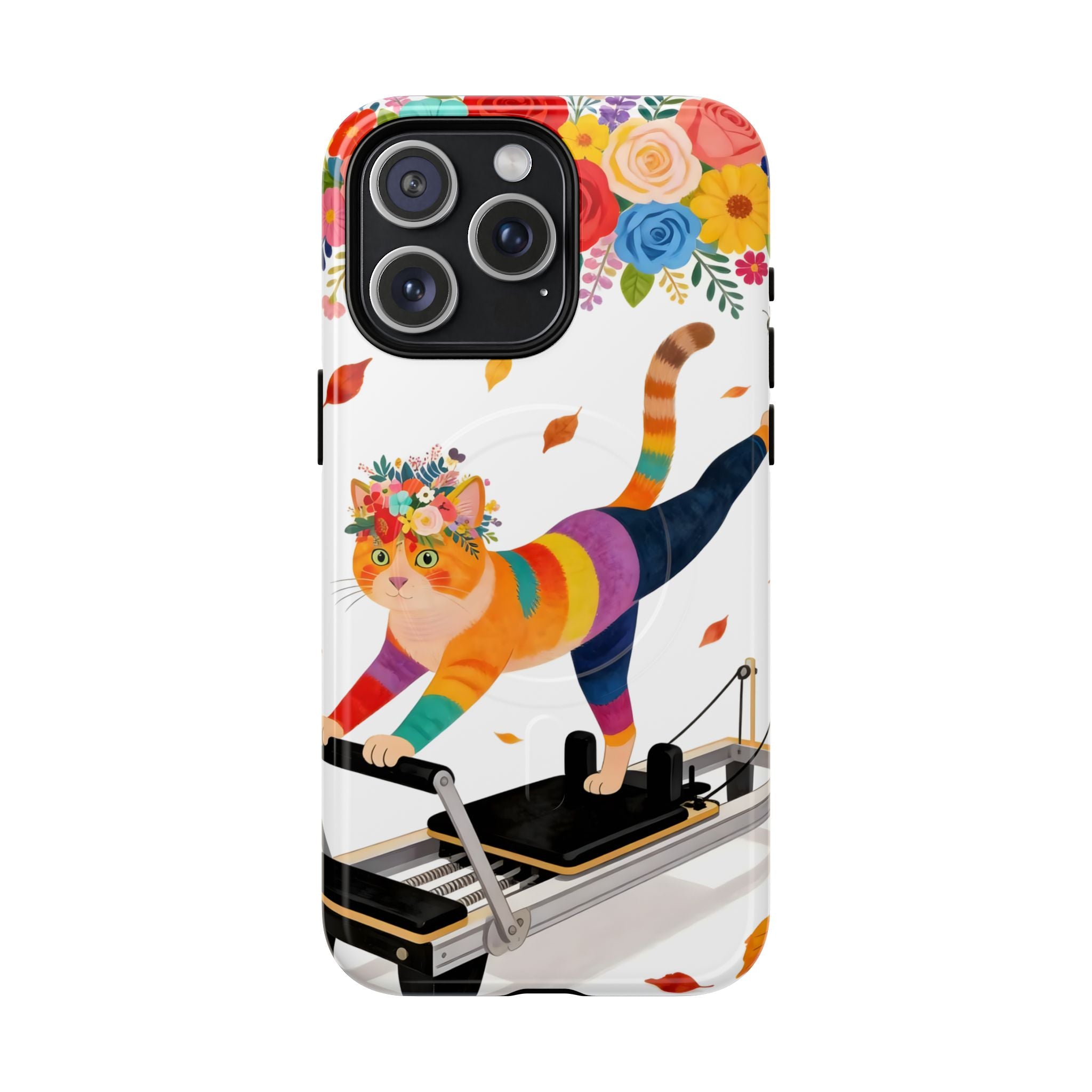 Cat Pilates MagSafe iPhone Case | Floral Rainbow Cat on Reformer