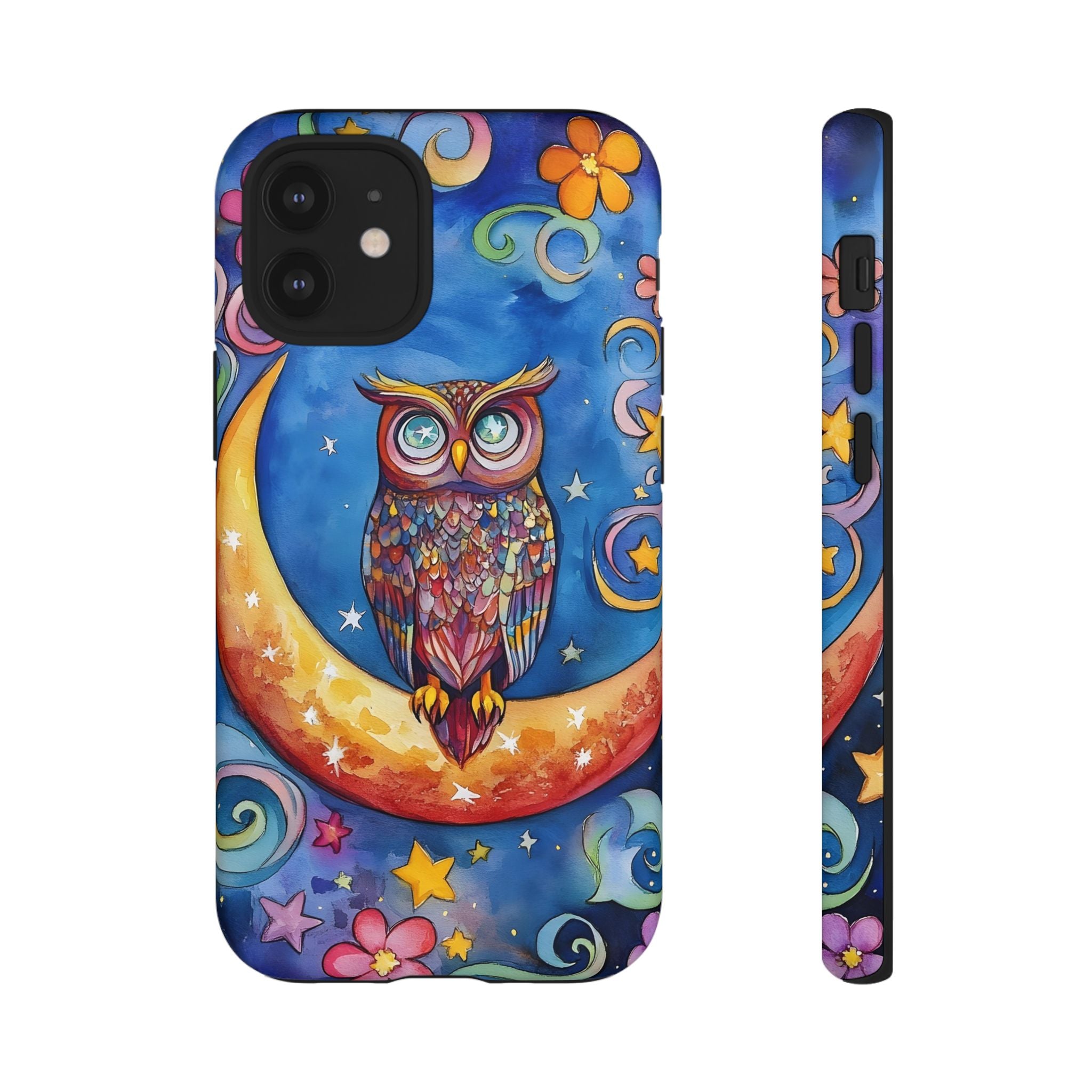 Owl on Crescent Moon iPhone Case — Colourful Whimsical Night Sky Design
