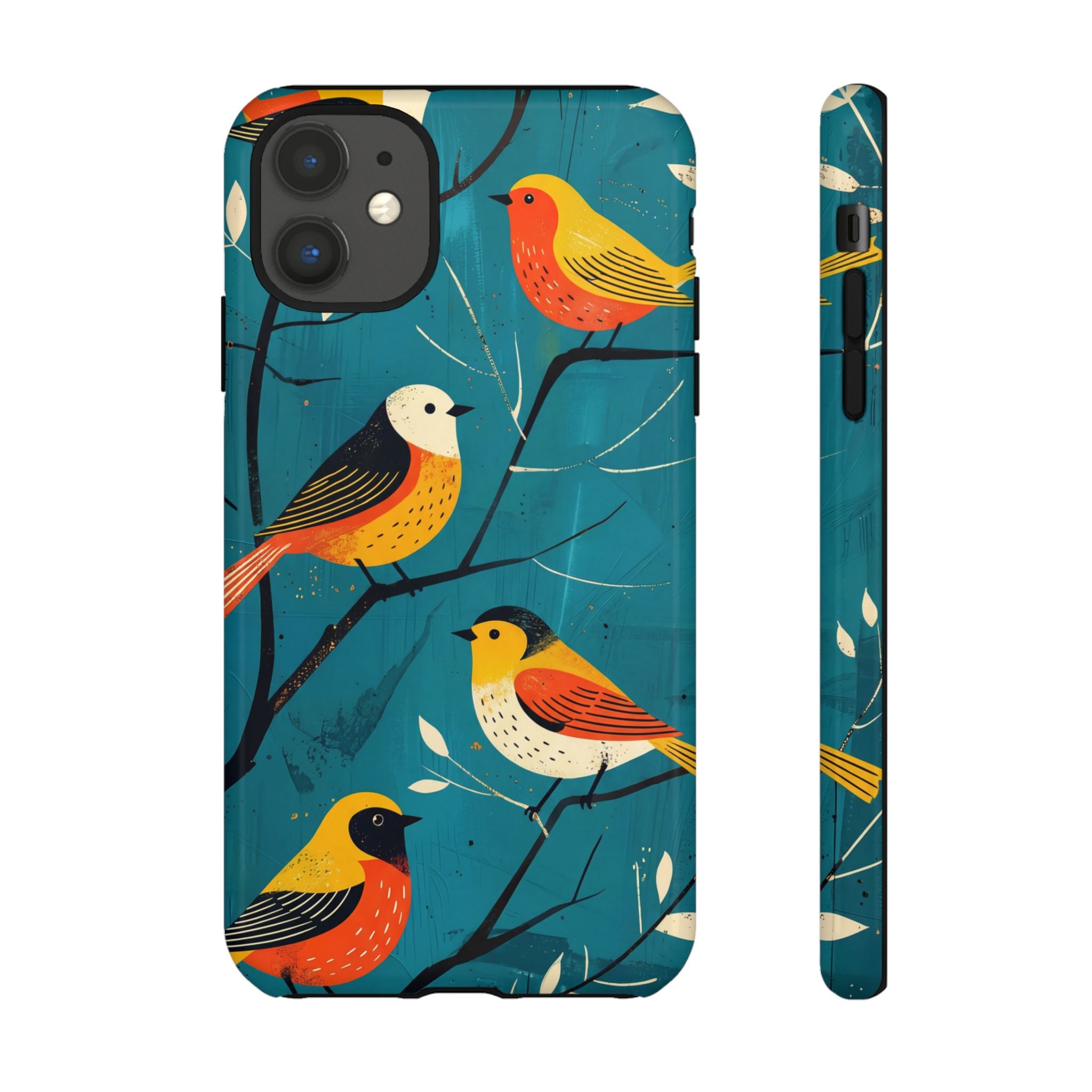 Bird Pattern Tough iPhone Case | Colourful Songbirds on Teal Background