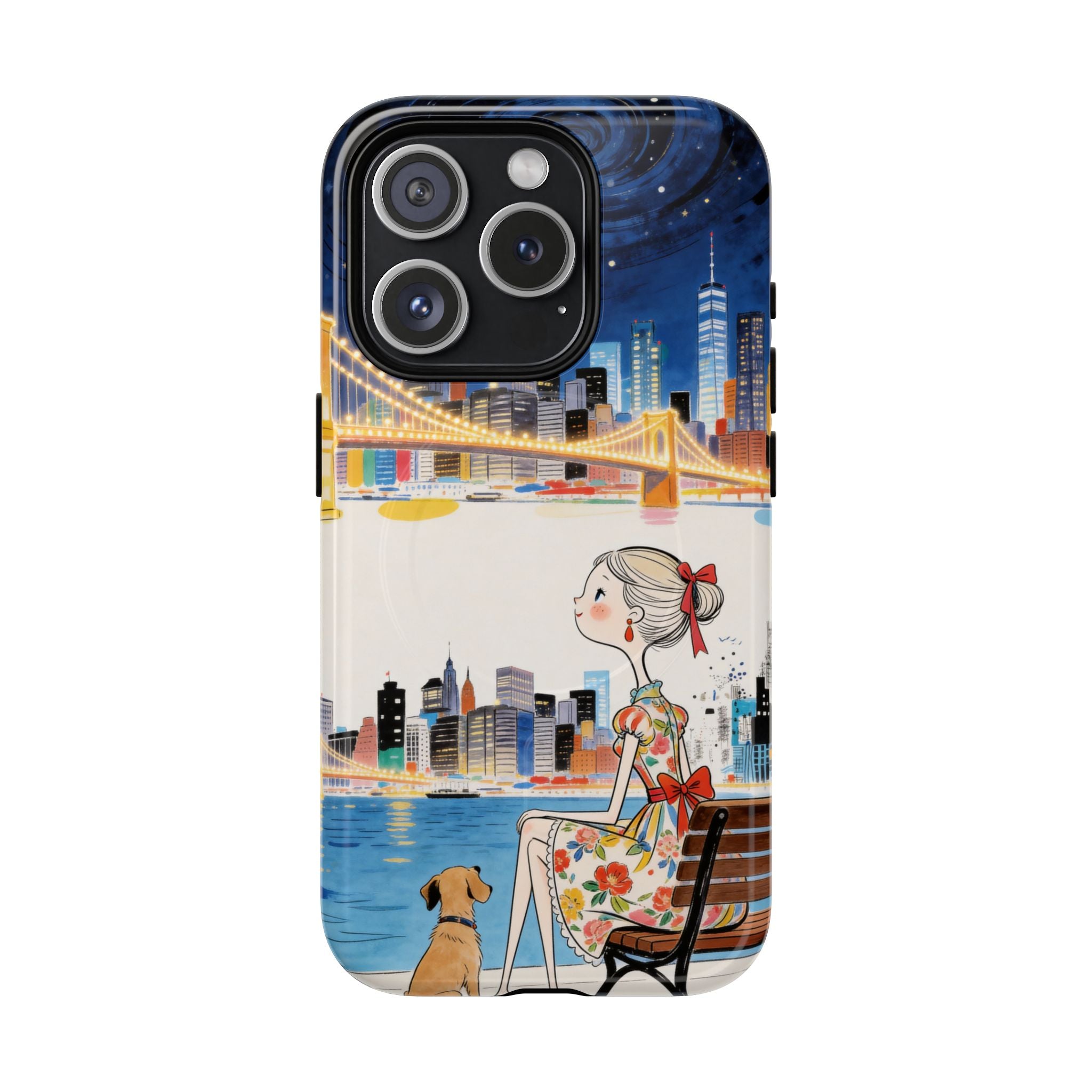 City Night MagSafe iPhone Case | Cute Girl & Dog Bench Illustration