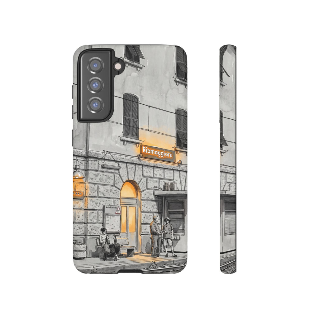 Custodia per Samsung Galaxy con stazione ferroviaria Cinque Terre | Schizzo in bianco e nero con accenti gialli caldi