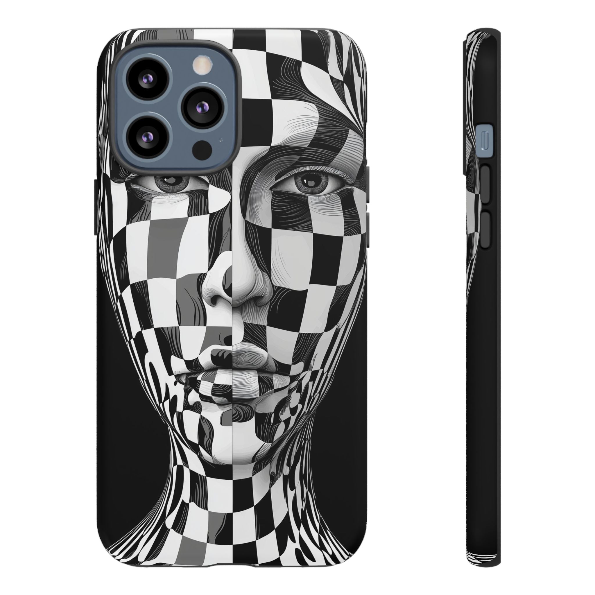 Checkerboard Face Tough iPhone Case — Black & White Surreal Art Protective Cover