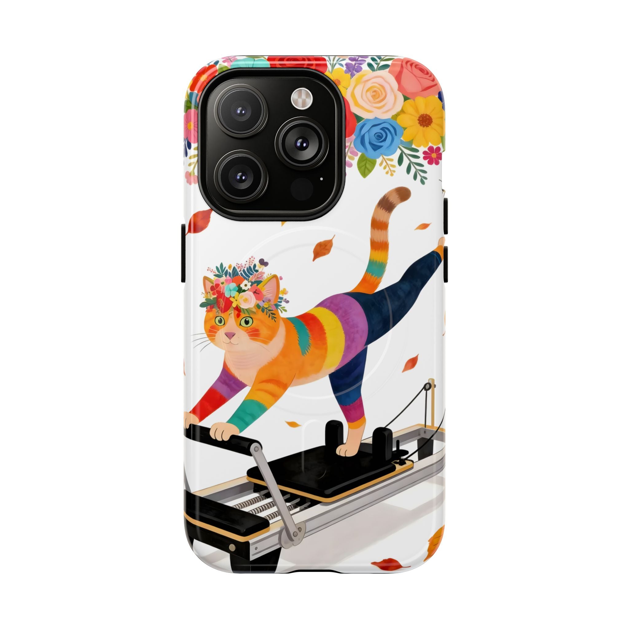 Cat Pilates MagSafe iPhone Case | Floral Rainbow Cat on Reformer