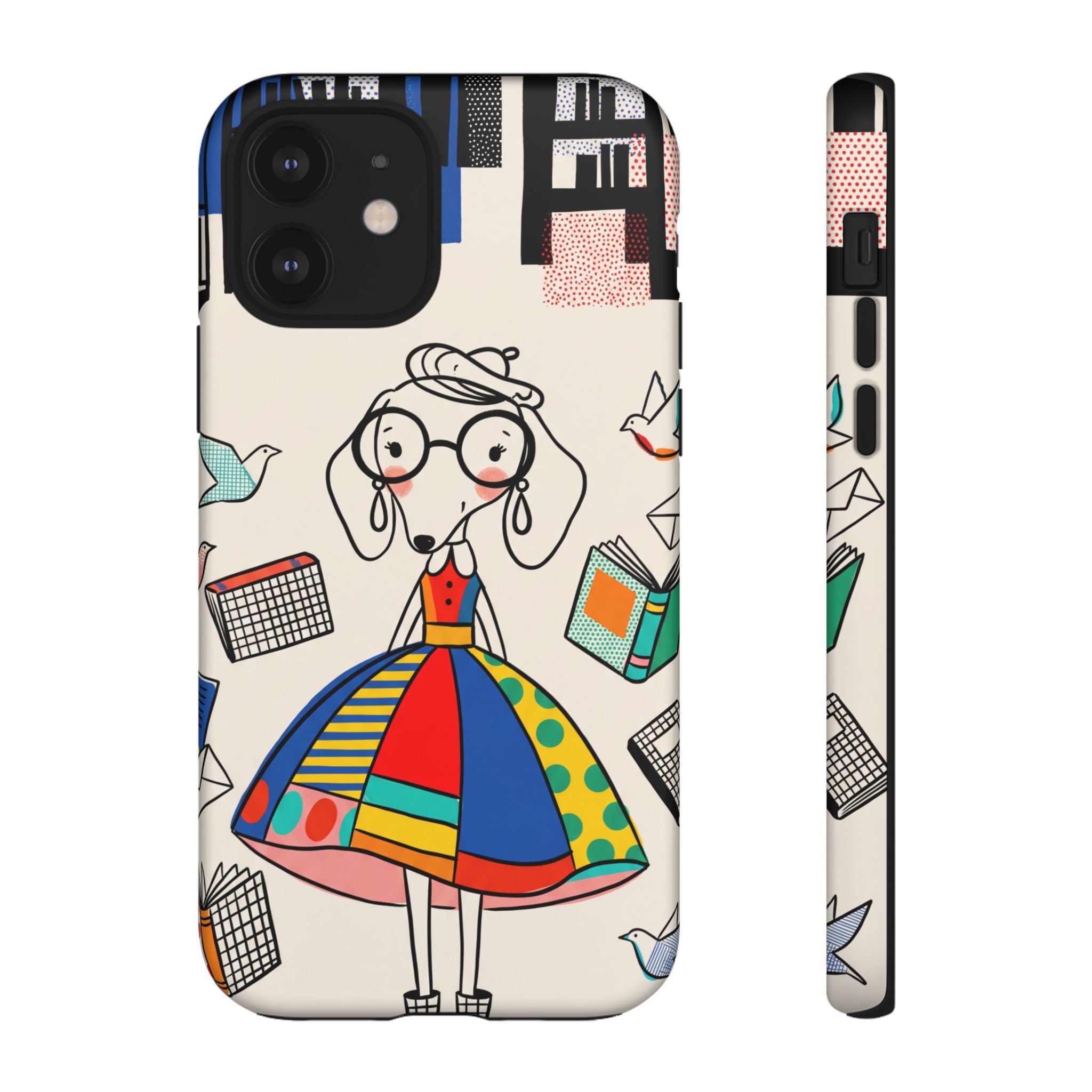Cute Dachshund Dog Illustration iPhone Case | Colorful Whimsical Book & Bird Design
