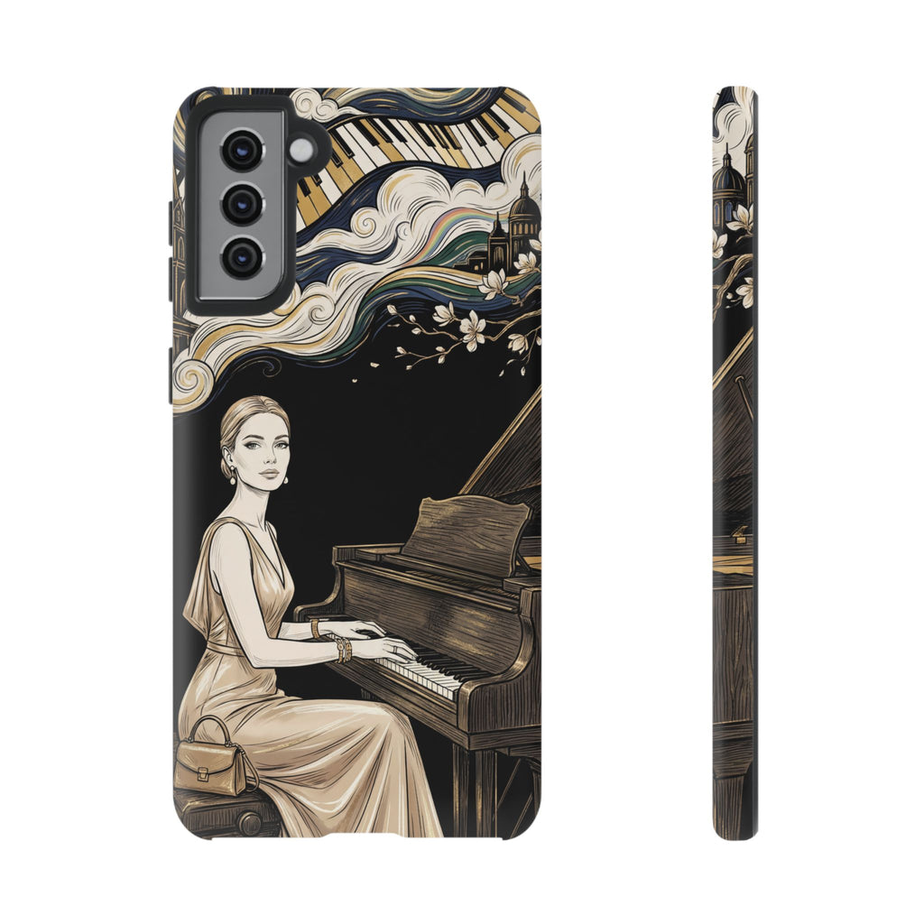 Elegant Piano Woman Samsung Galaxy Phone Case | Vintage Art Deco Music Design