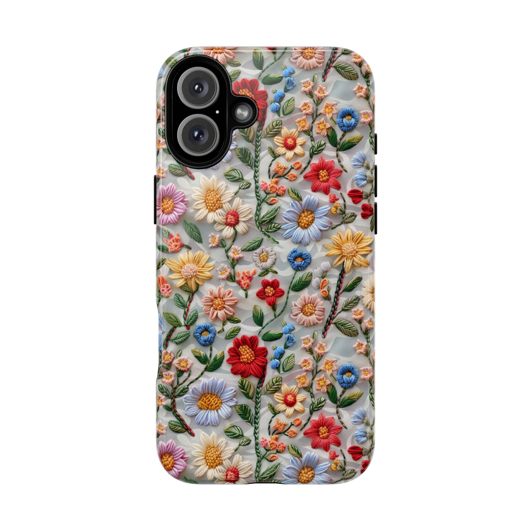 Floral Embroidered Pattern Tough iPhone Case — Colourful Daisy & Wildflower Design
