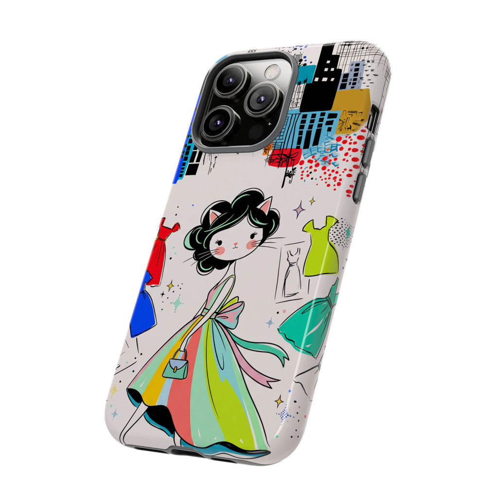 Retro Fashion Cat Girl iPhone Case | Cute Dress & City Print