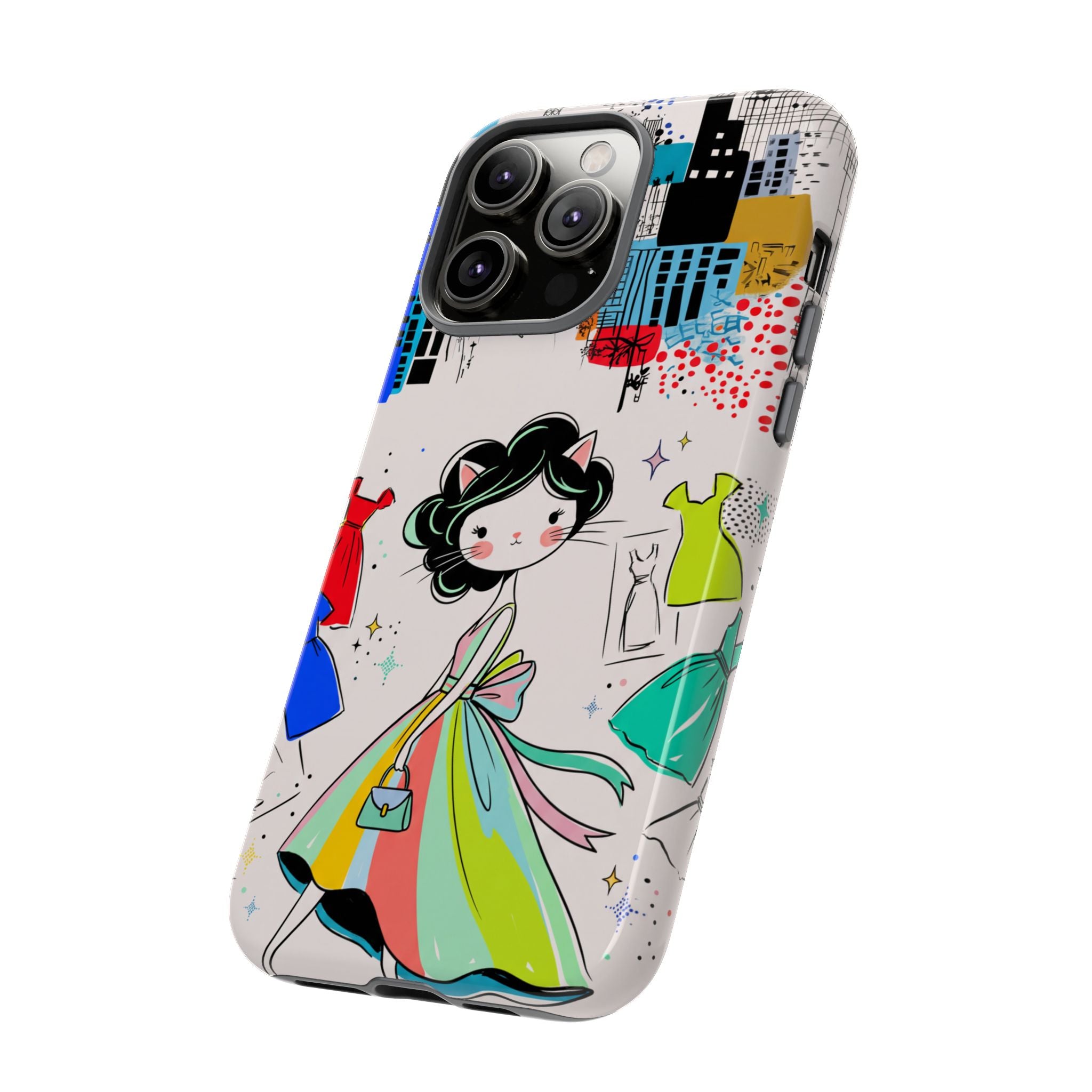 Retro Fashion Cat Girl iPhone Case | Cute Dress & City Print