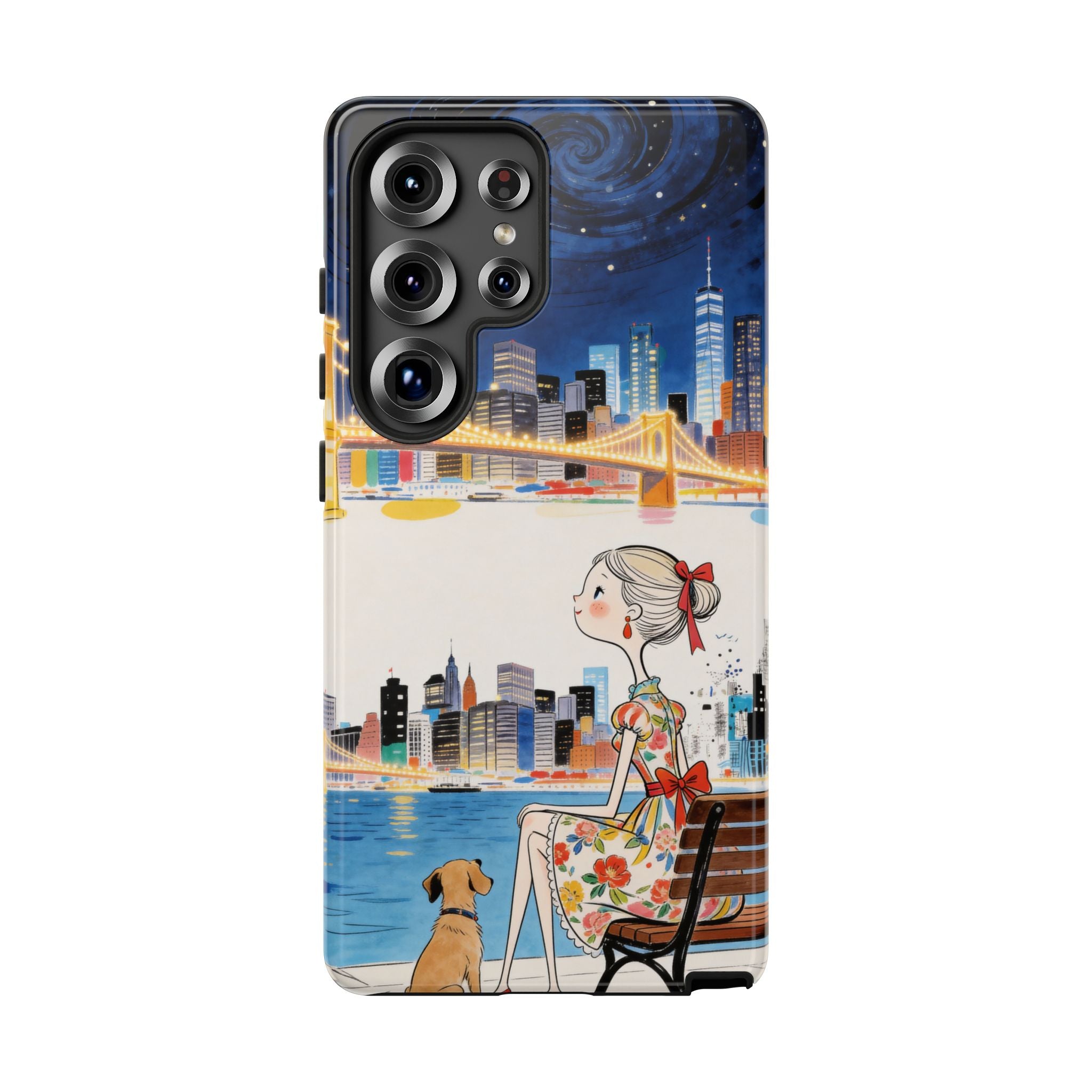 City Night Samsung Galaxy Phone Case | Cute Girl & Dog Bench Illustration