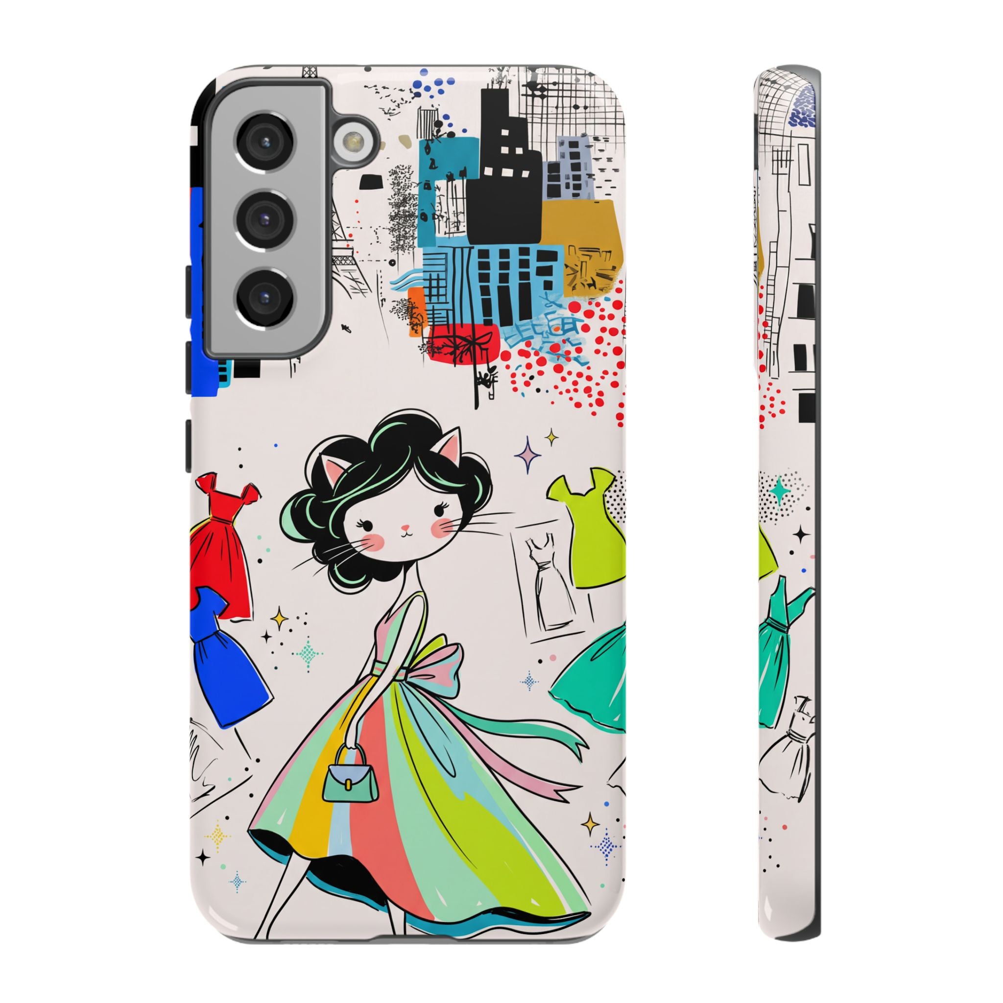 Retro Fashion Cat Girl Samsung Galaxy Phone Case | Cute Dress & City Print