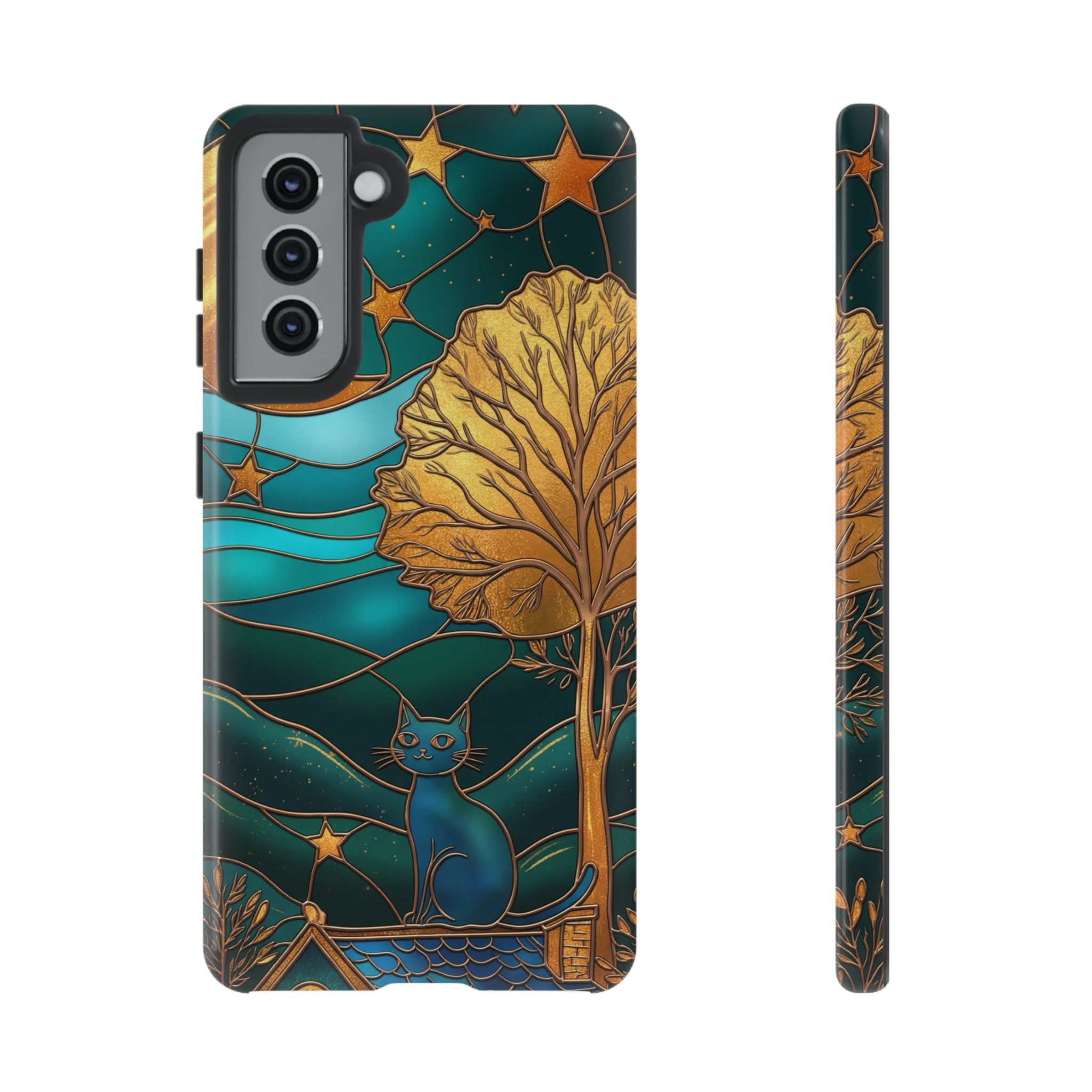 Stained Glass Cat Tough Samsung Galaxy Case | Gold Tree & Starry Night Design