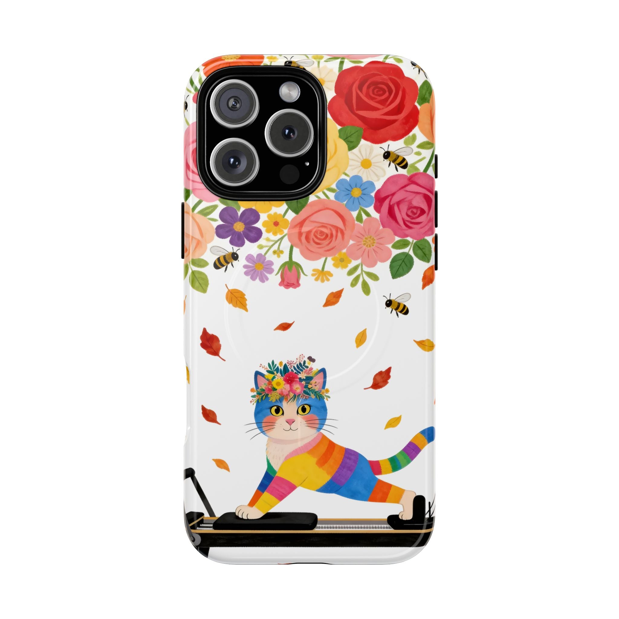 Floral Rainbow Cat Tough MagSafe iPhone Case — Colorful Pilates Cat Design
