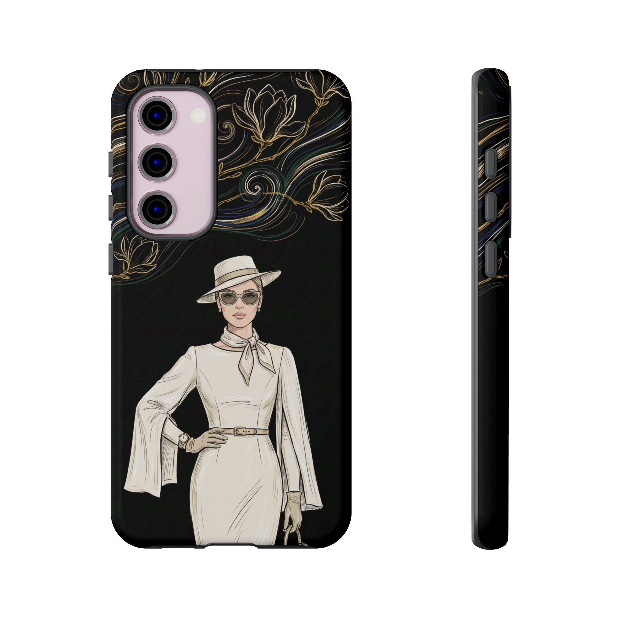 Samsung Galaxy Phone Case | Elegant Vintage Lady with Gold Floral Swirls