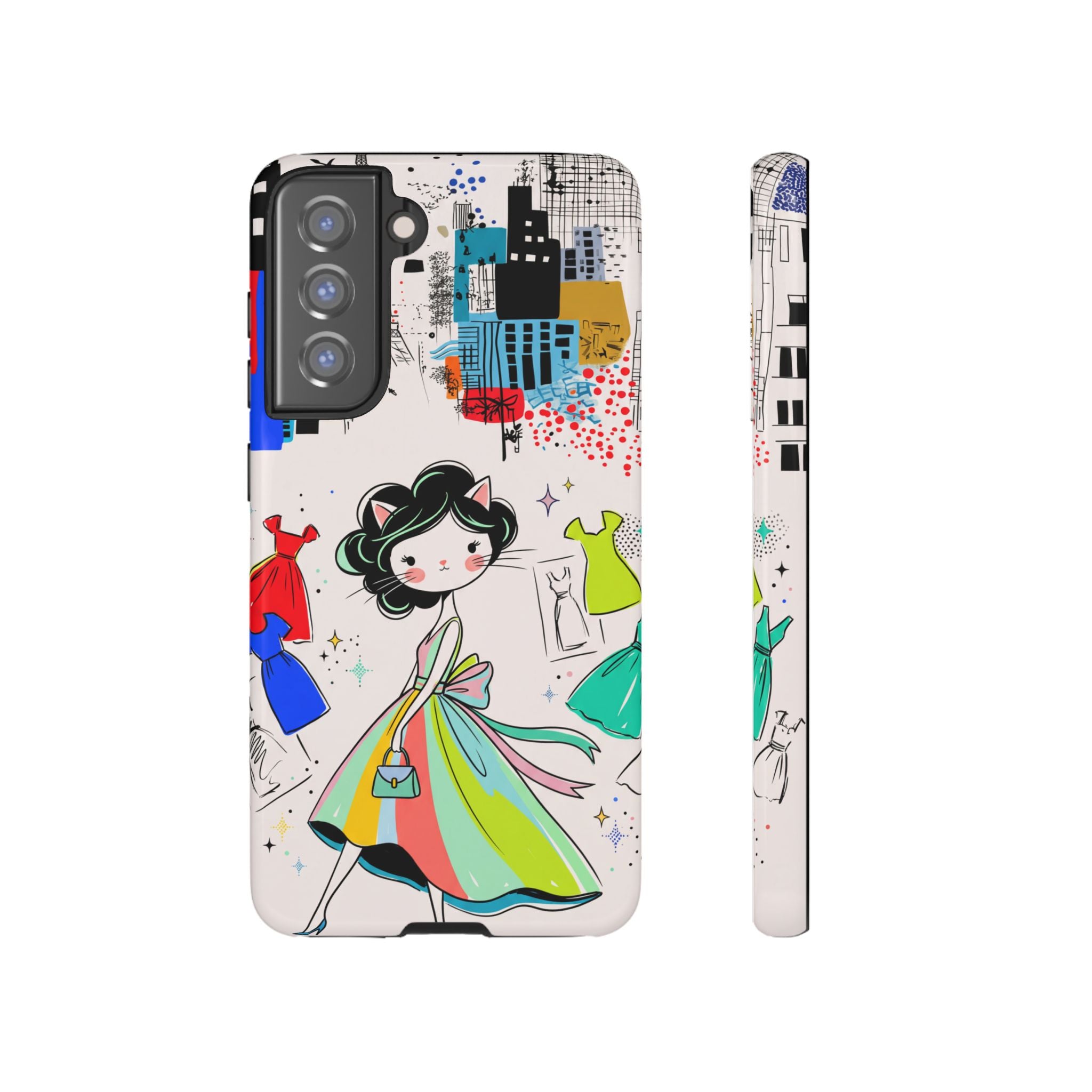 Retro Fashion Cat Girl Samsung Galaxy Phone Case | Cute Dress & City Print